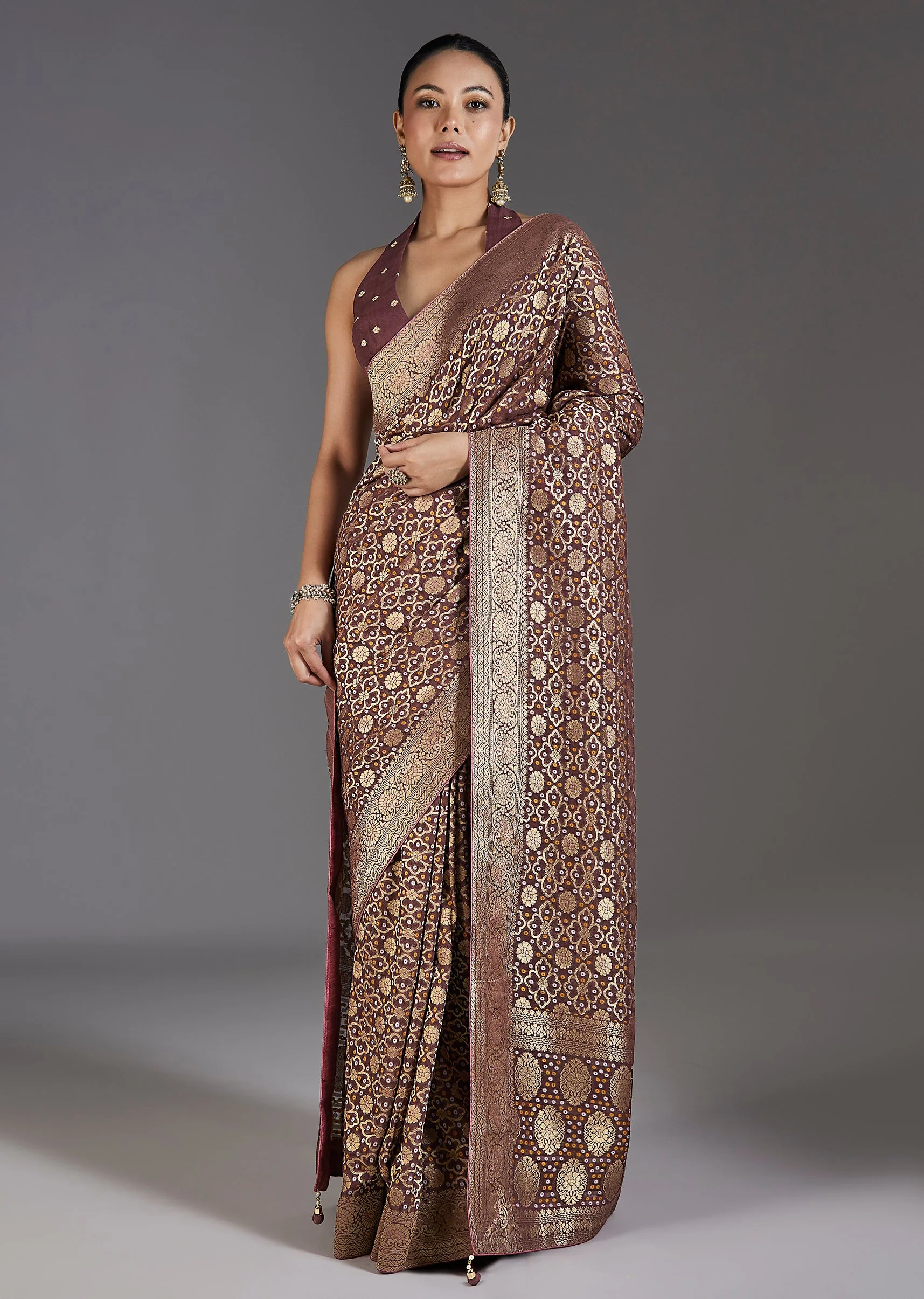 Onion Pink Khaddi Georgette Bandhani Saree - Image 3