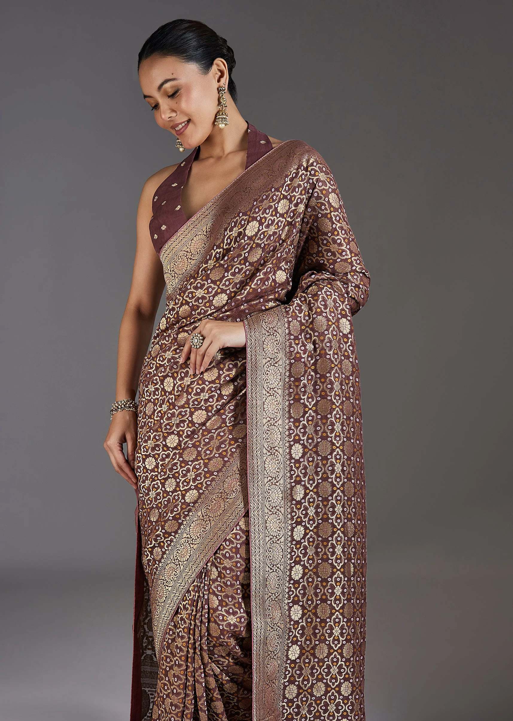 Onion Pink Khaddi Georgette Bandhani Saree - Image 5