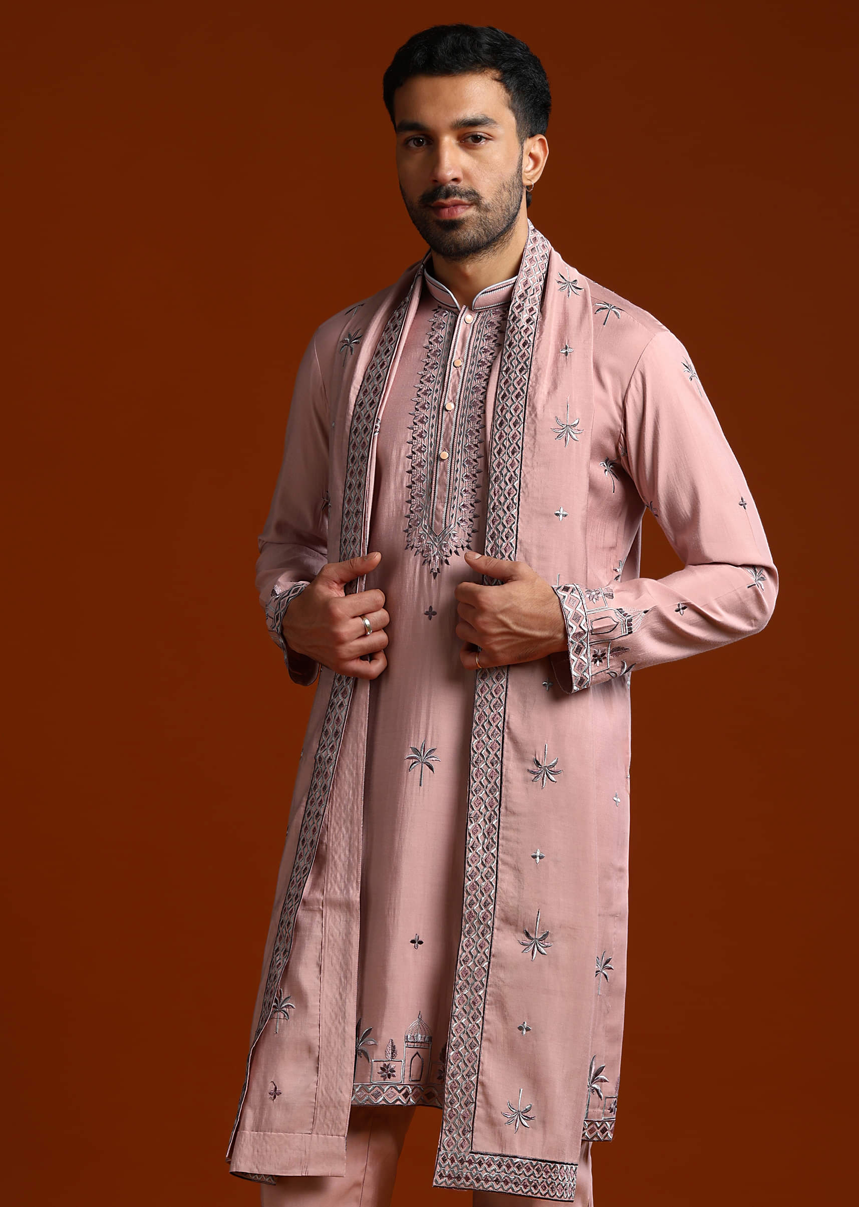 Onion Pink Kurta Set For Men With Thread Work - Image 2