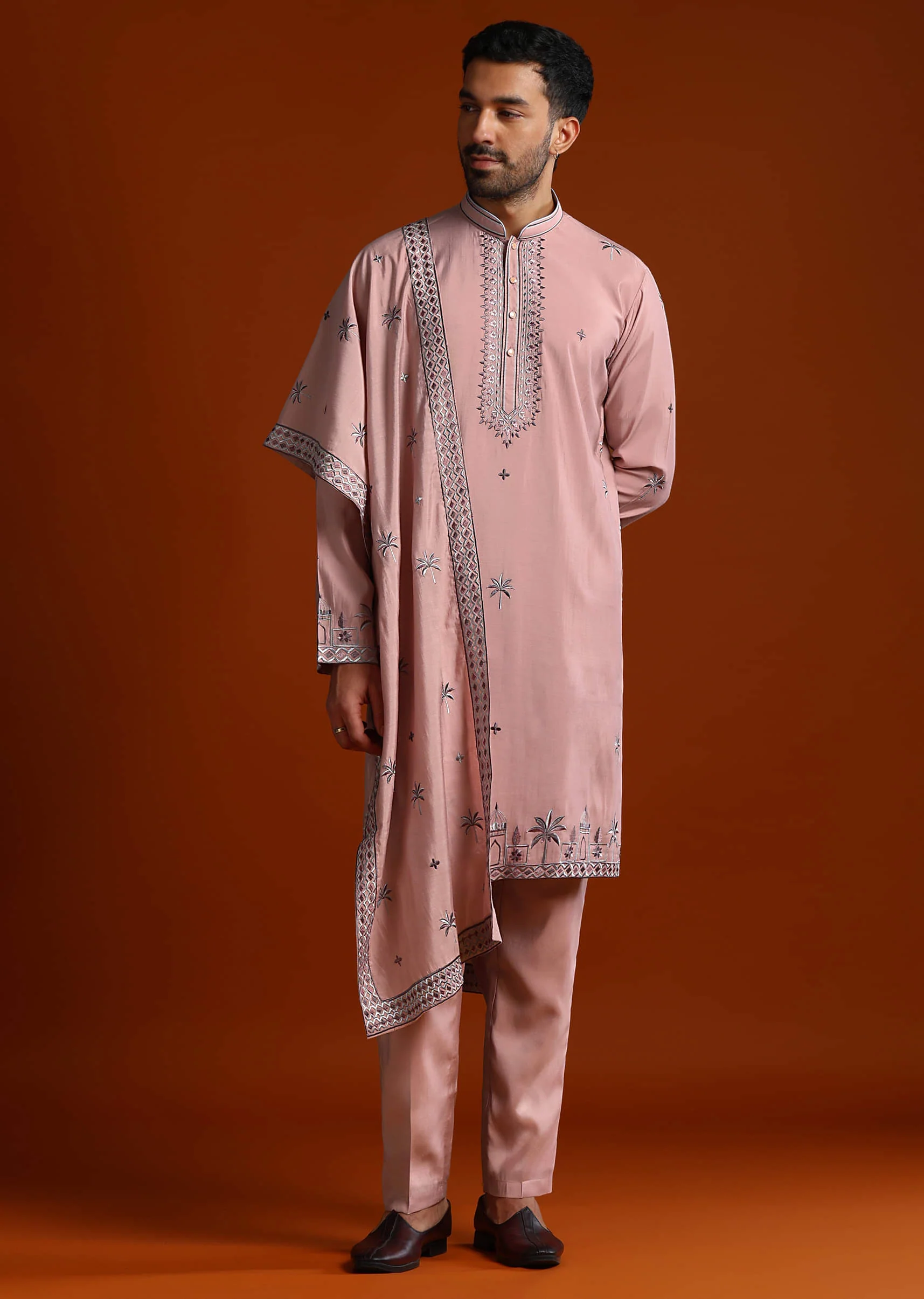 Onion Pink Kurta Set For Men With Thread Work - Image 3
