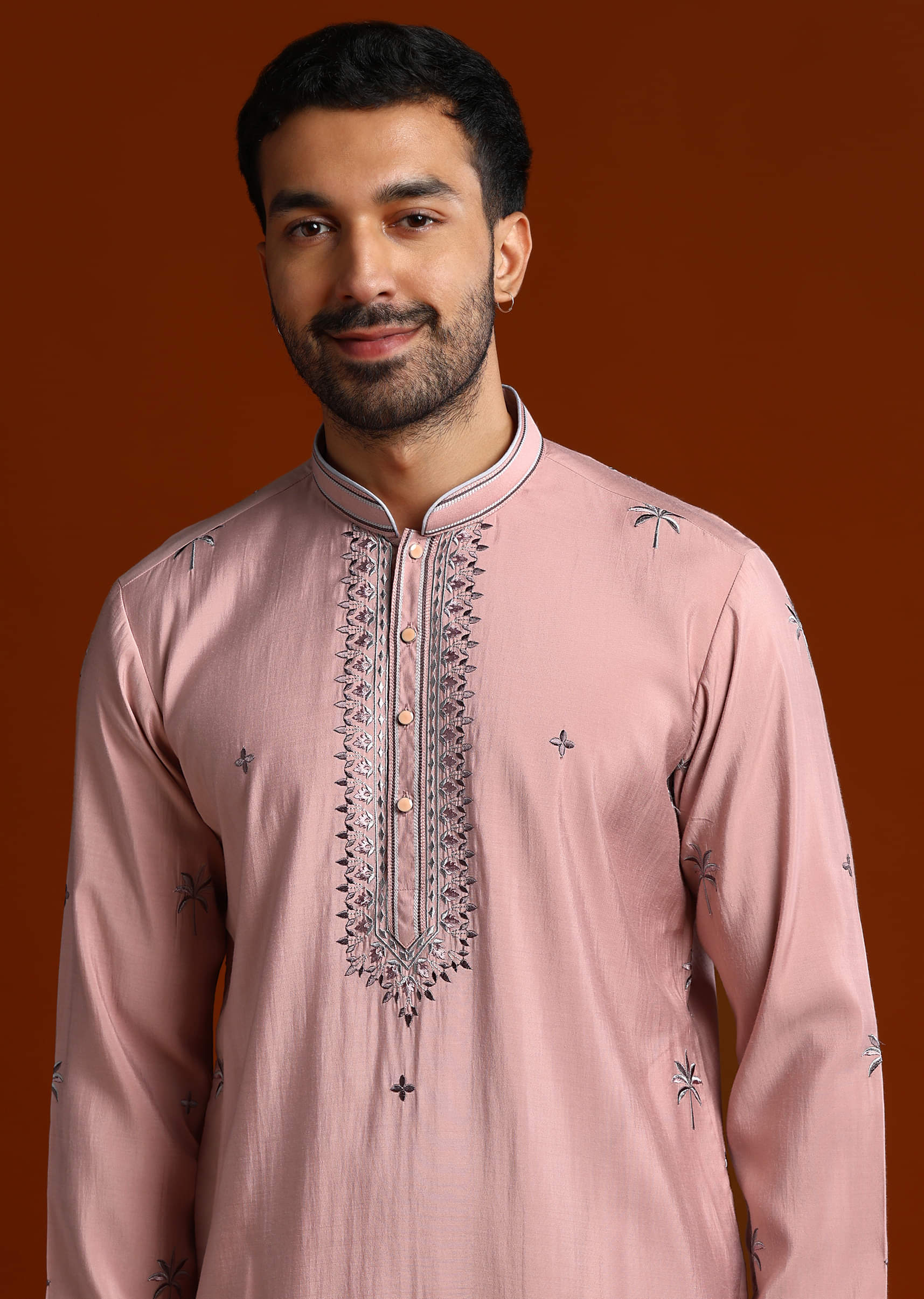 Onion Pink Kurta Set For Men With Thread Work - Image 4