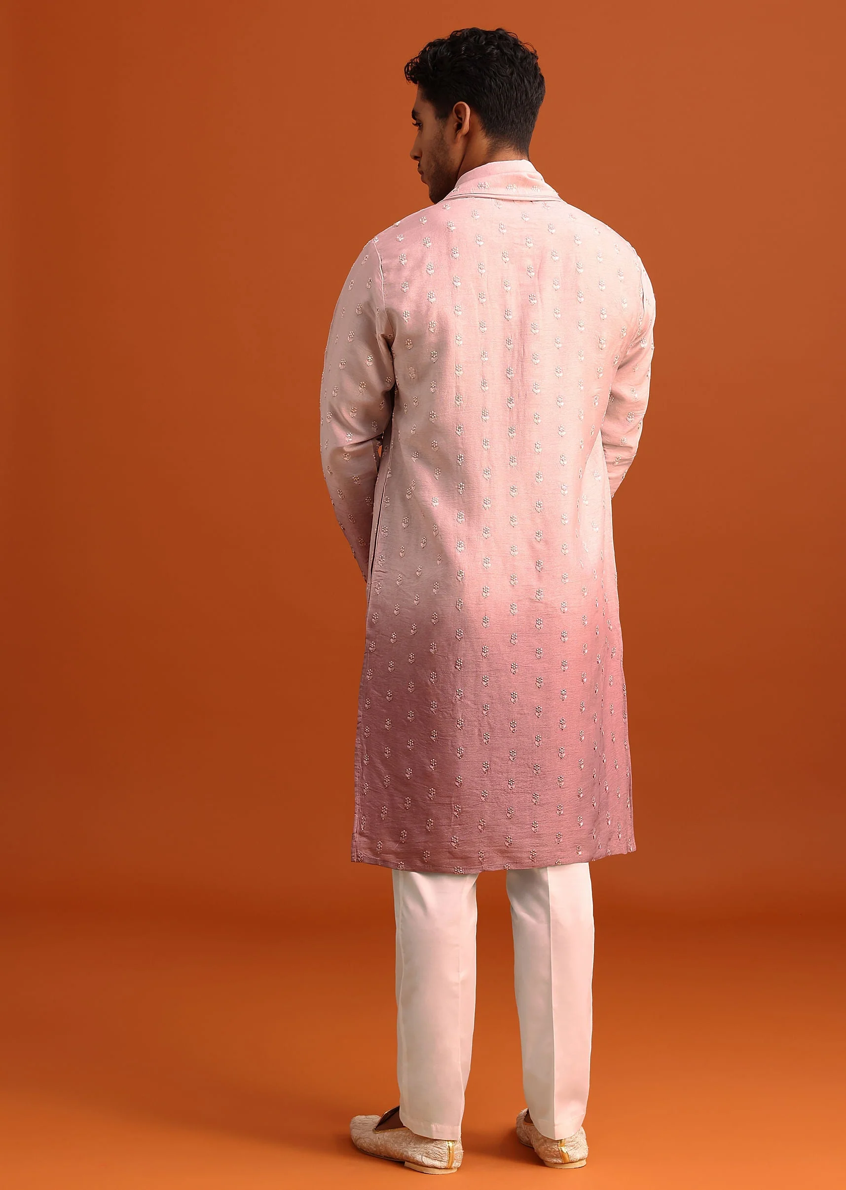 Onion Pink Ombre Kurta Set In Raw Silk With Butti Work - Image 6