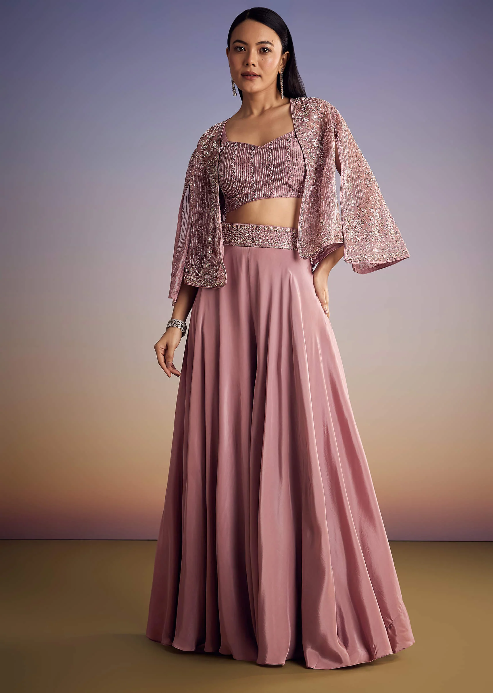Onion Pink Organza Jacket Set With Cutdana And Beads Work - Image 2