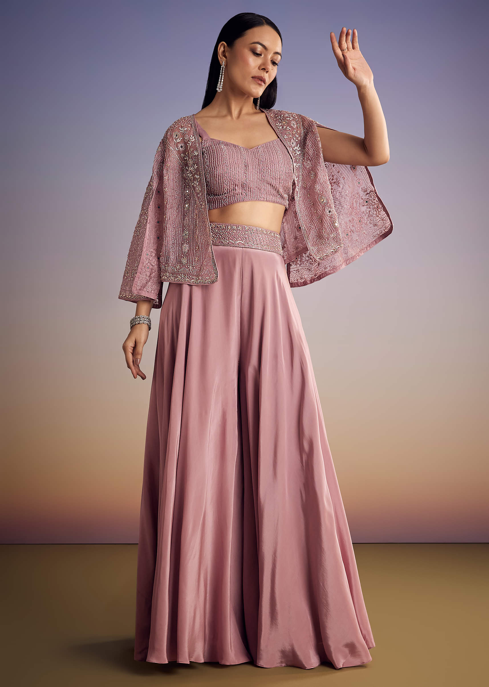 Onion Pink Organza Jacket Set With Cutdana And Beads Work - Image 4