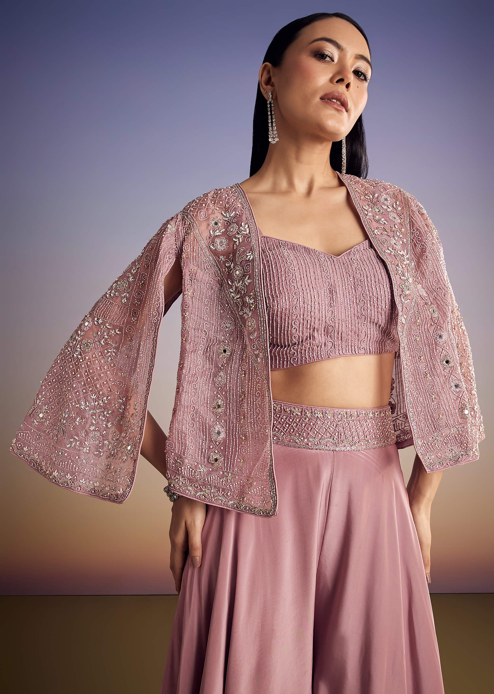 Onion Pink Organza Jacket Set With Cutdana And Beads Work - Image 8