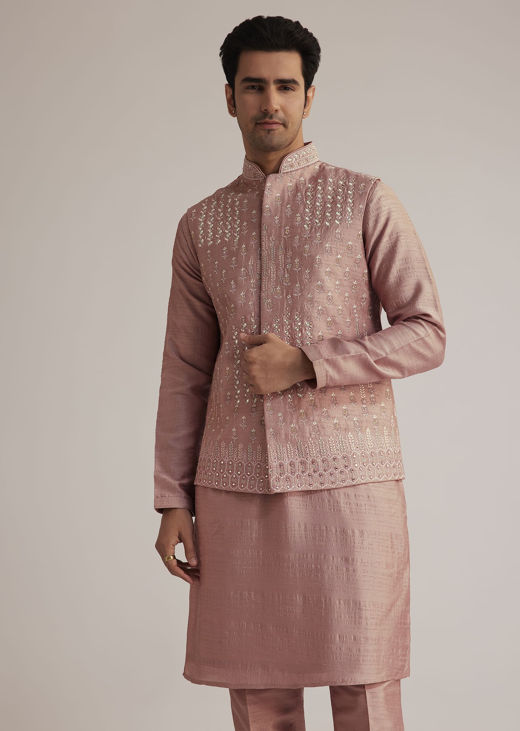 Onion Pink Raw Silk Kurta Set With Embroidered Nehru Jacket - Image 3
