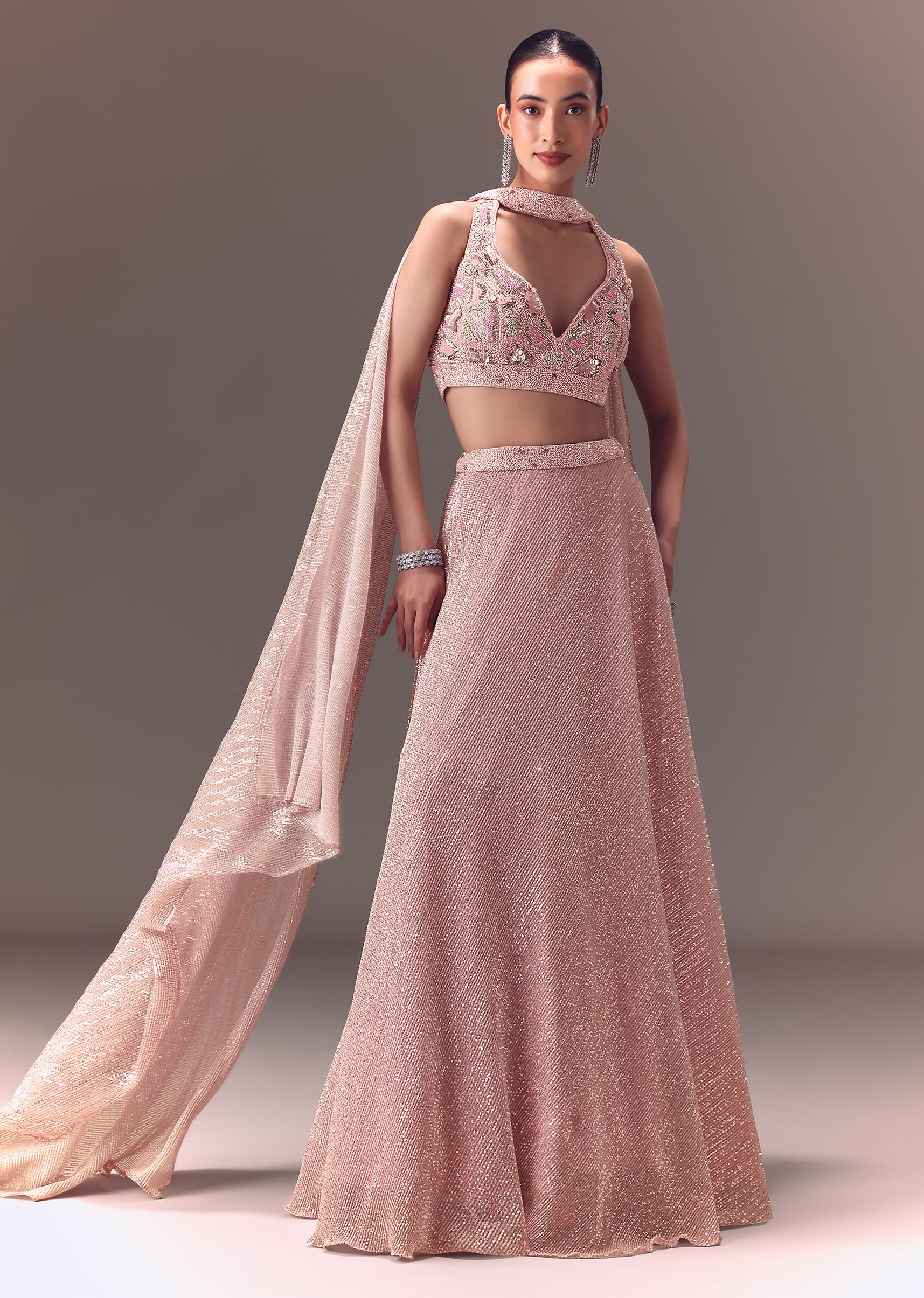 Onion Pink Sequin Embellished Lehenga Set With Choker Dupatta - Image 3