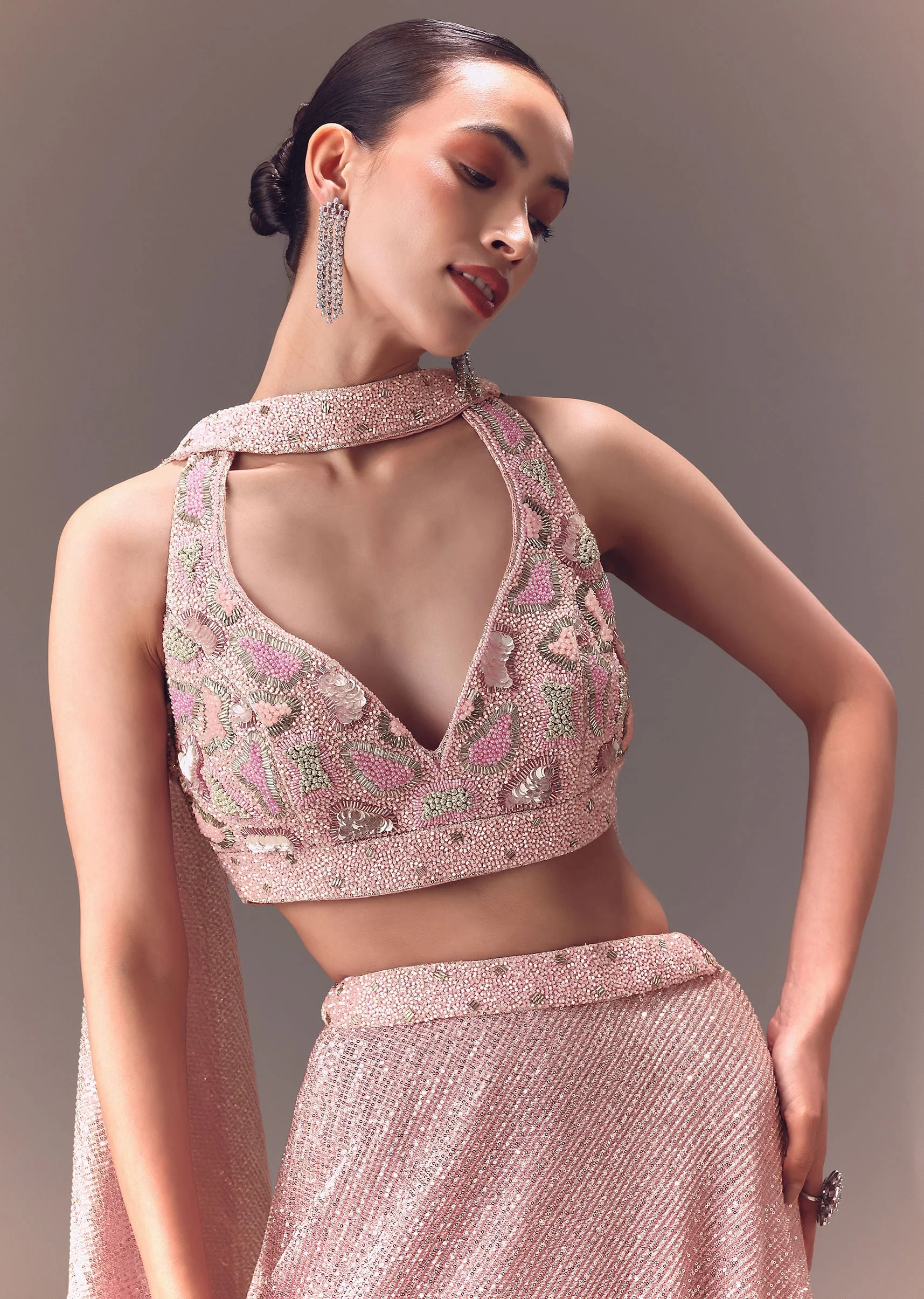 Onion Pink Sequin Embellished Lehenga Set With Choker Dupatta - Image 4