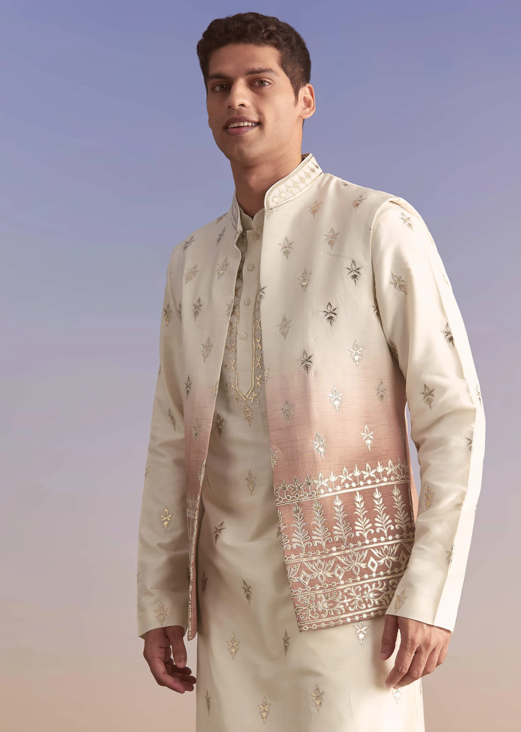 Onion Pink Silk Kurta Jacket Set For Men With Applique Work - Image 2