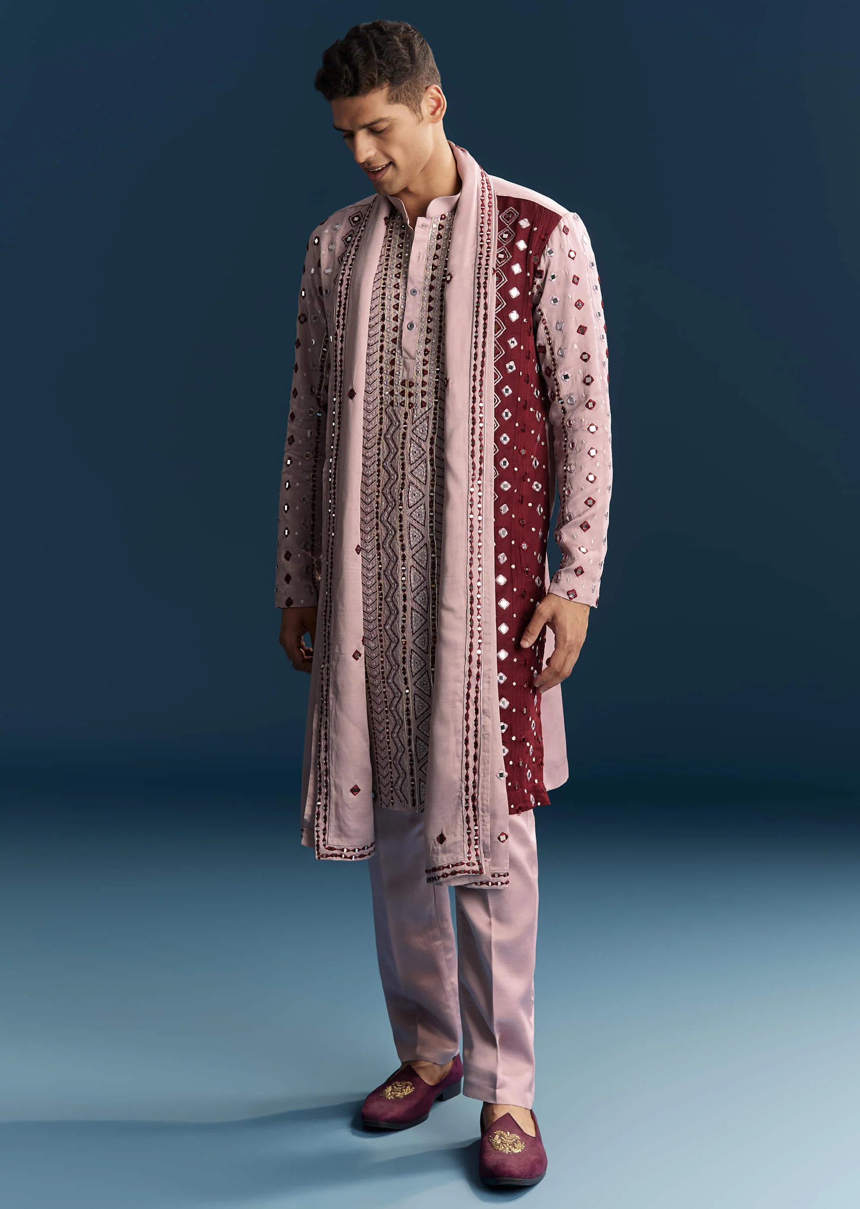 Onion Pink Silk Kurta Set For Men With Mirror And Thread Work - Image 3