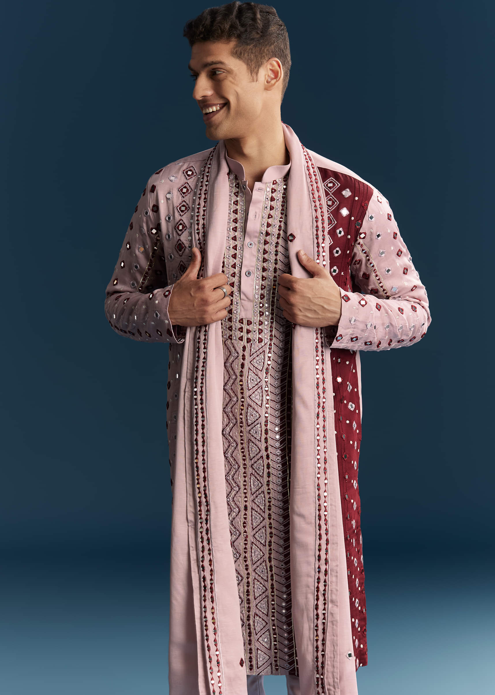 Onion Pink Silk Kurta Set For Men With Mirror And Thread Work - Image 4