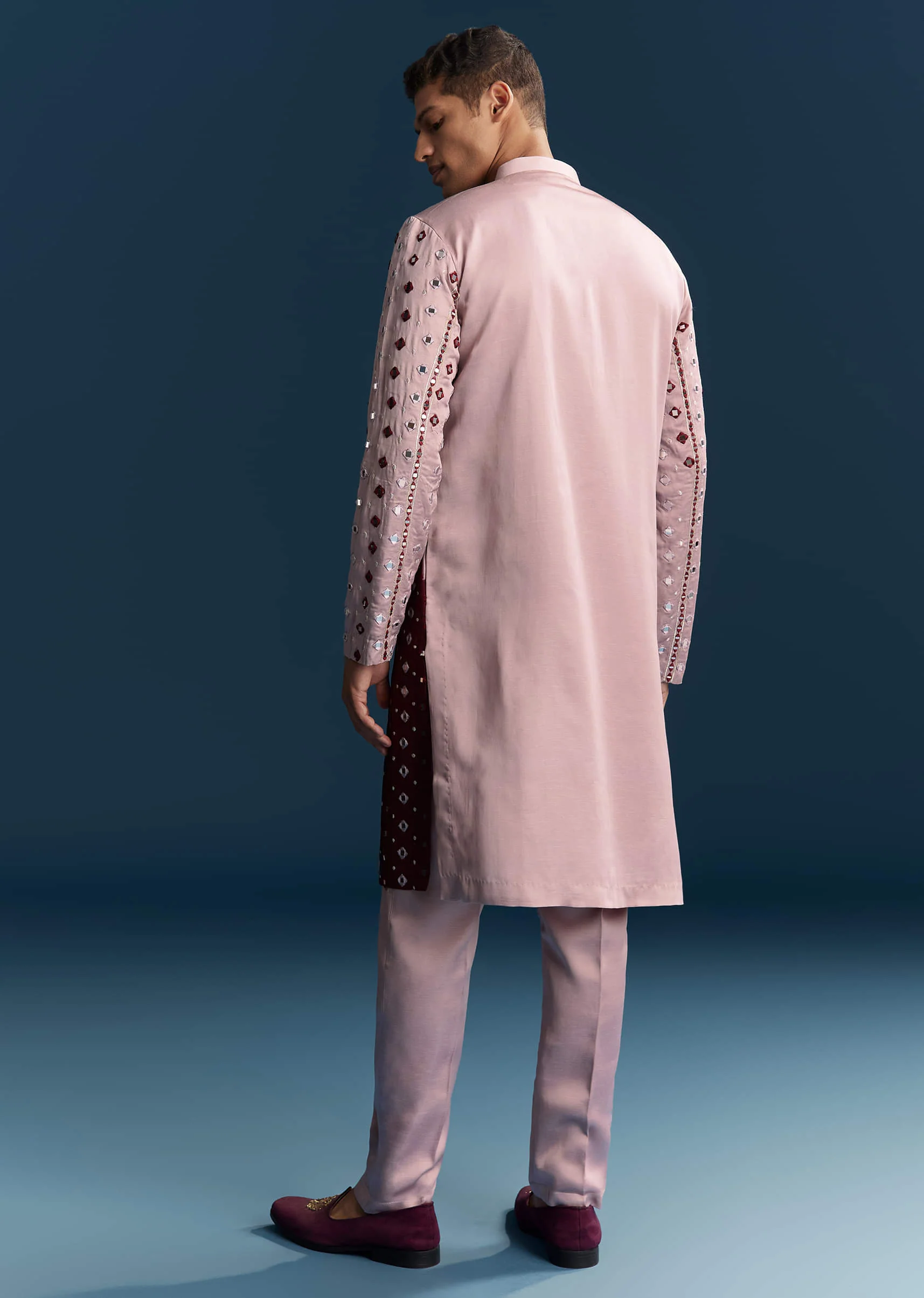 Onion Pink Silk Kurta Set For Men With Mirror And Thread Work - Image 5