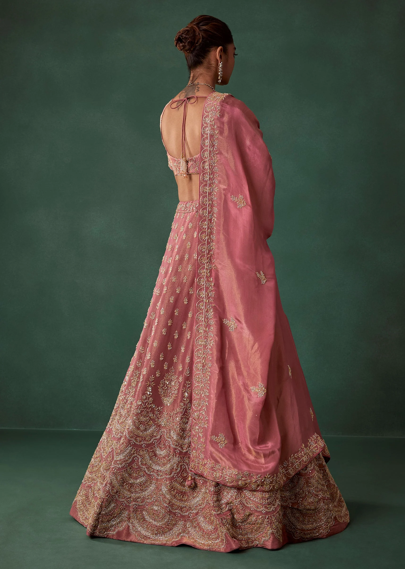 Onion Pink Tissue Embroidered Bridal Lehenga Set with Cutdana Work - Image 2