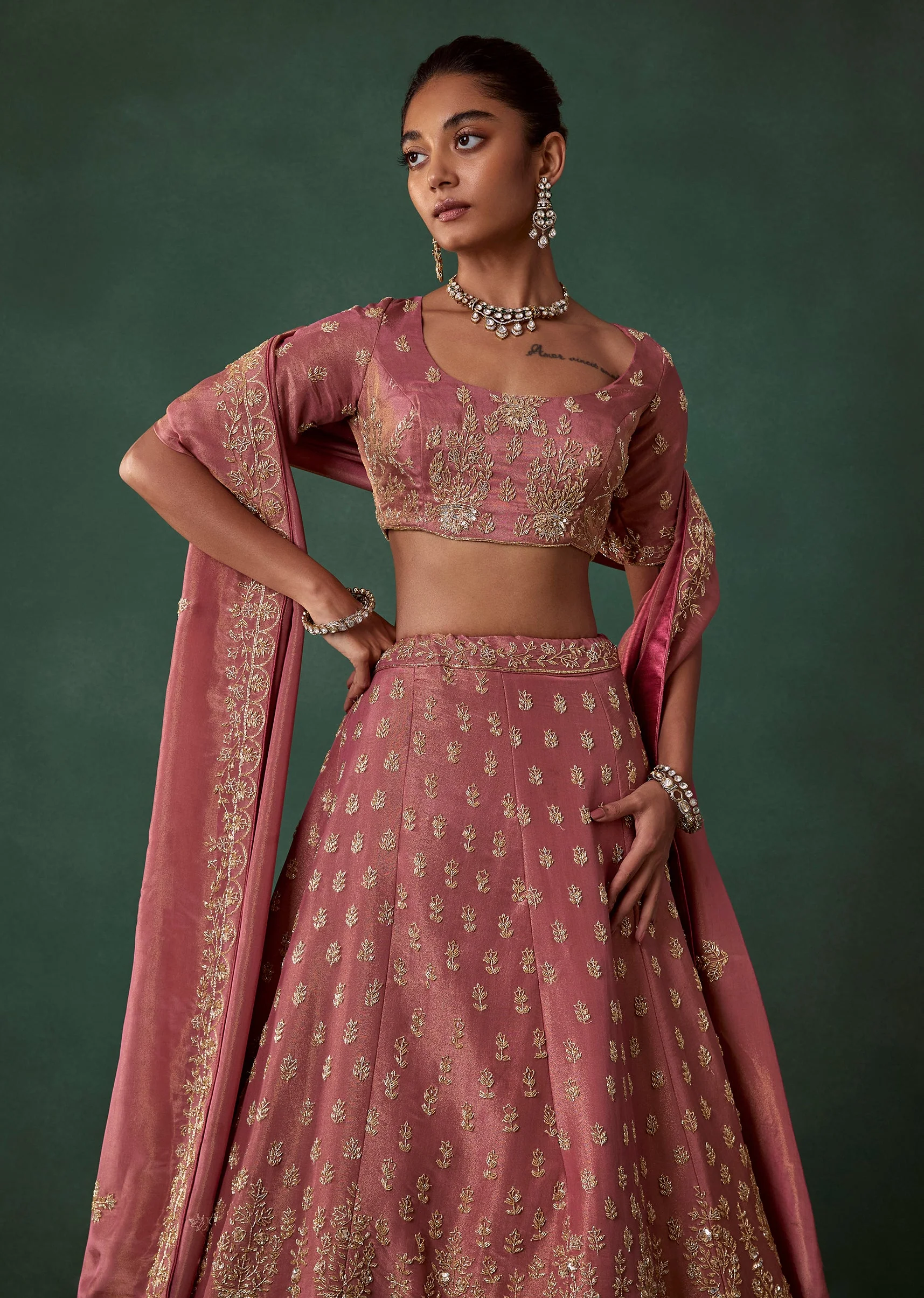 Onion Pink Tissue Embroidered Bridal Lehenga Set with Cutdana Work - Image 5