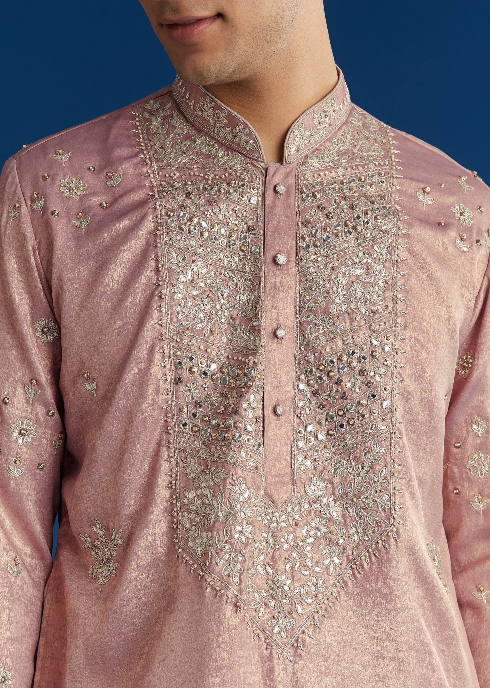 Onion Pink Tissue Kurta Set With Embroidered Yoke - Image 3