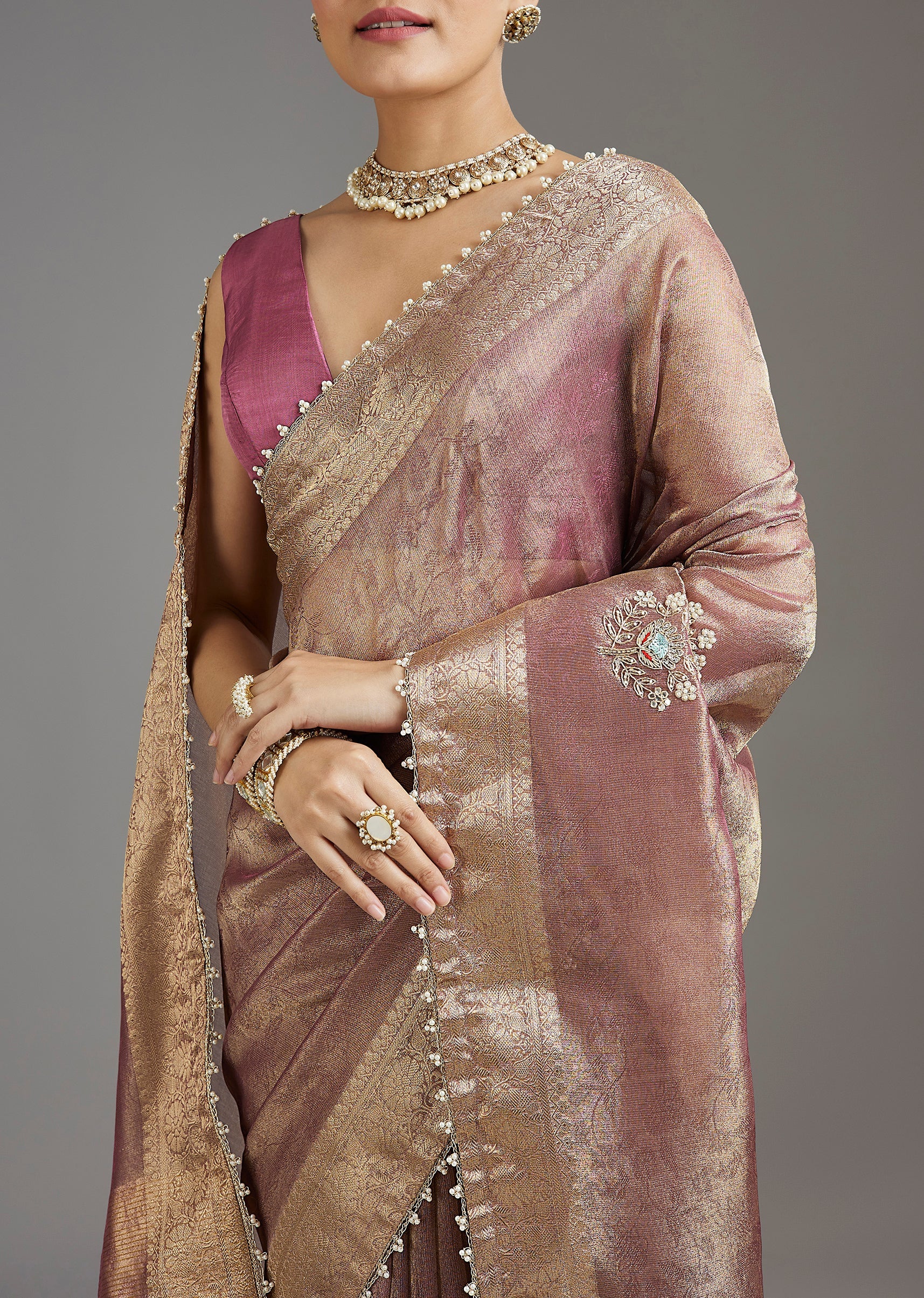 Onion Pink Tissue Saree - Image 2