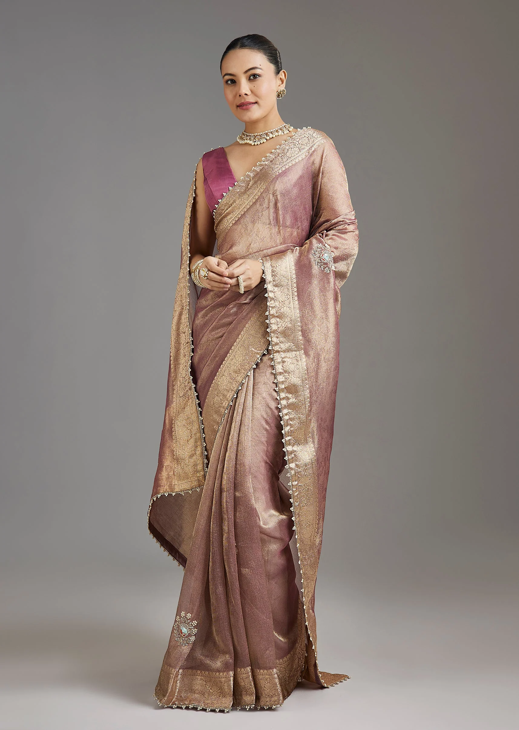 Onion Pink Tissue Saree - Image 3