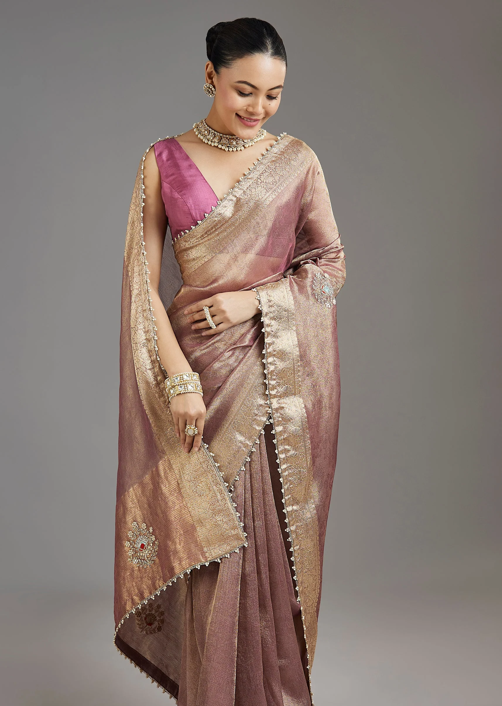 Onion Pink Tissue Saree - Image 5