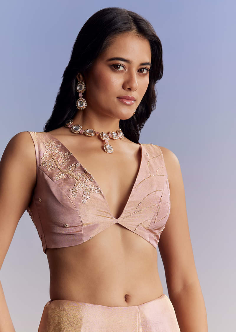 Onion Pink Tissue Saree With Gota Patti Moti And Cutdana Scallop Border - Image 7