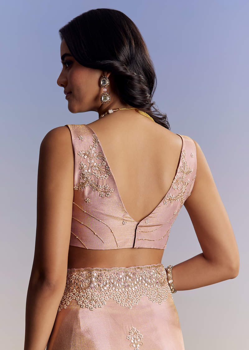 Onion Pink Tissue Saree With Gota Patti Moti And Cutdana Scallop Border - Image 8