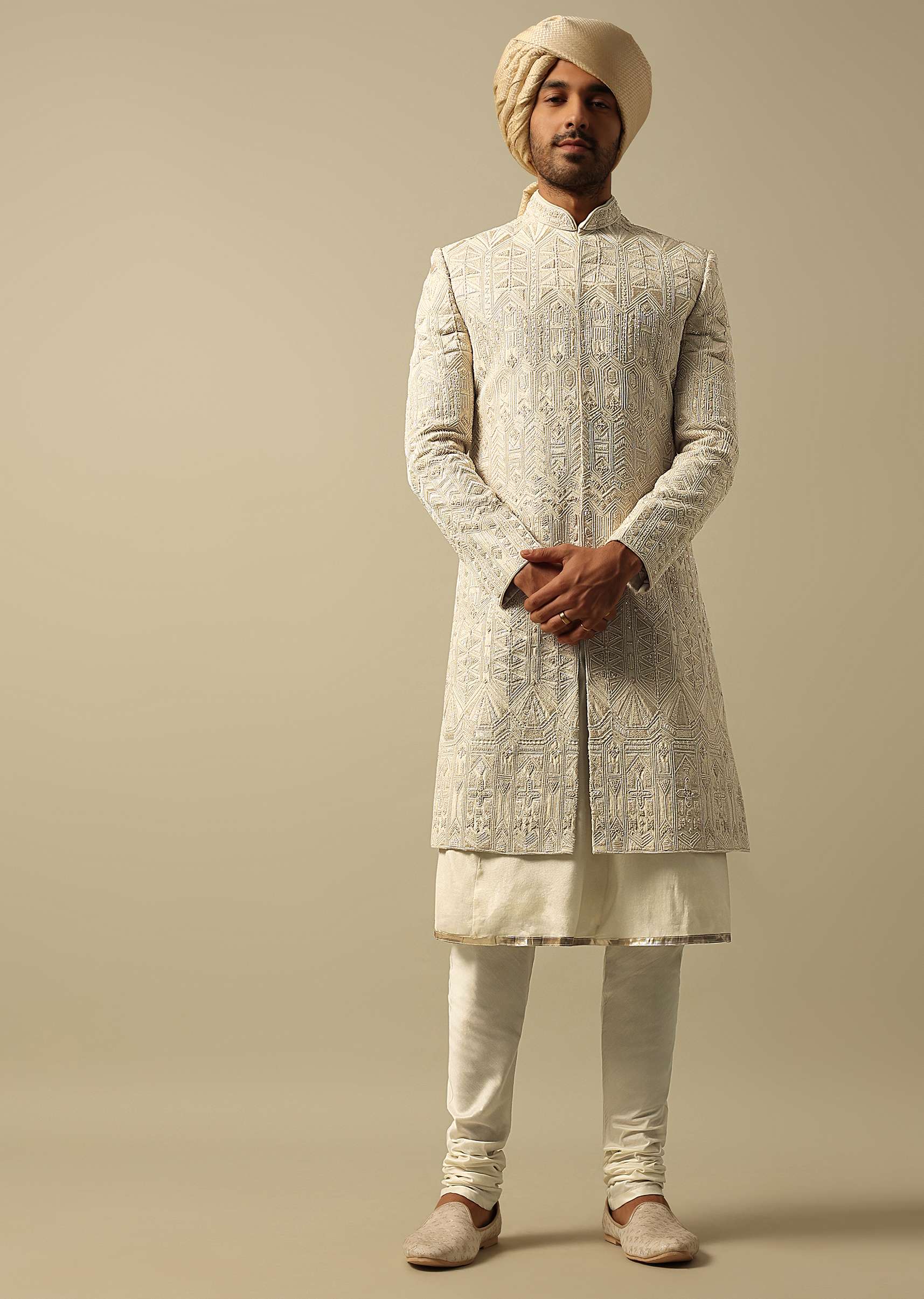 Opulent Beige Banarasi Silk Sherwani - Image 3