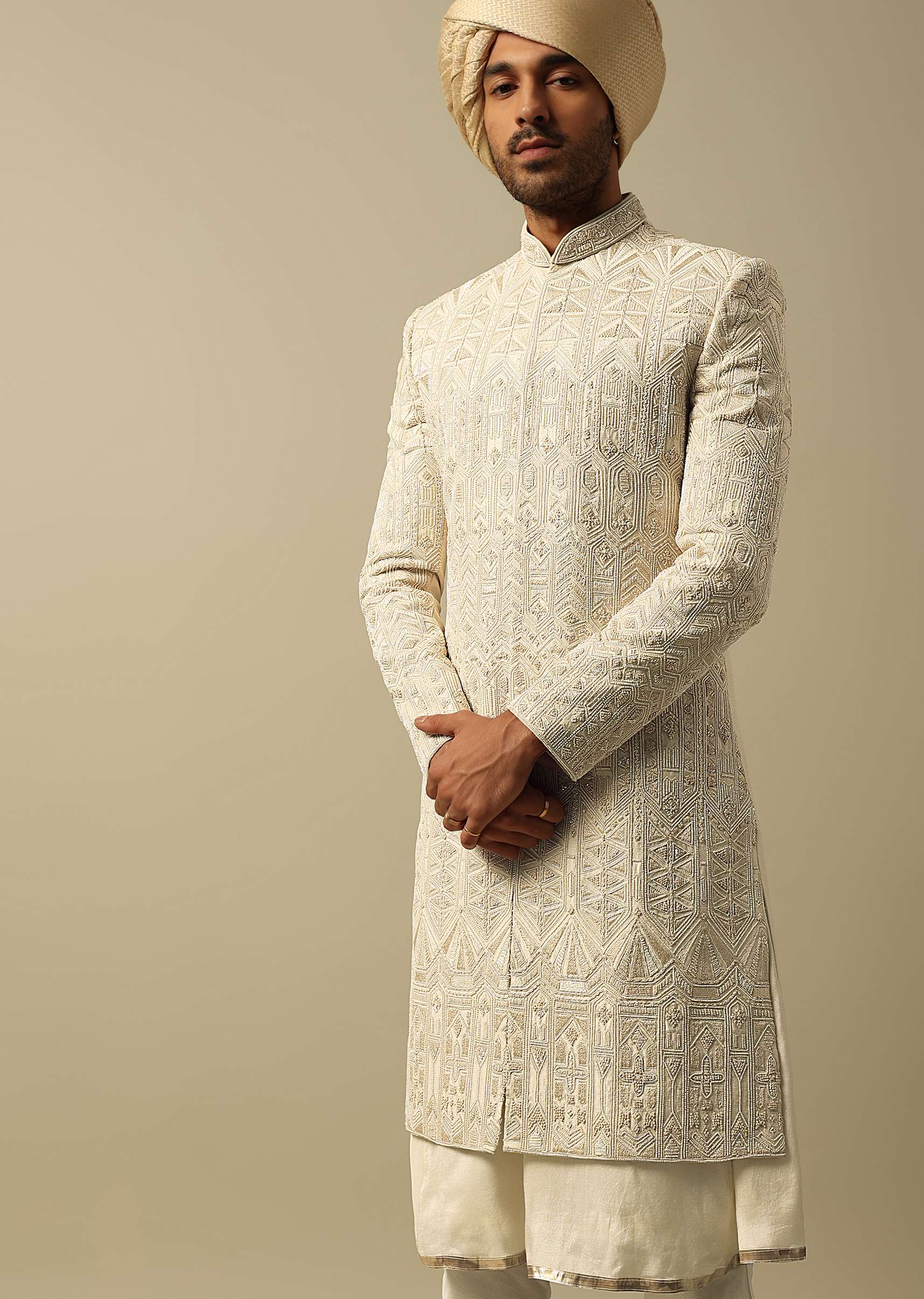 Opulent Beige Banarasi Silk Sherwani - Image 4