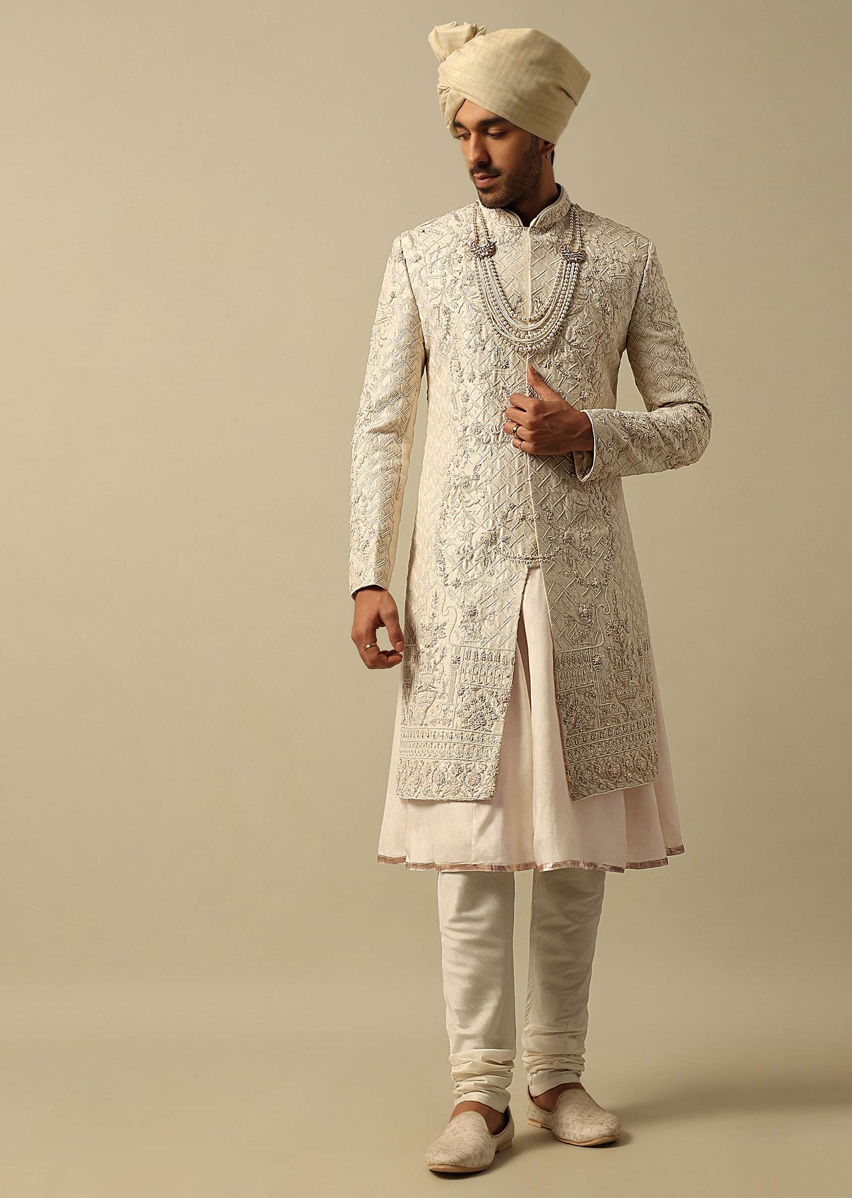 Opulent White Raw Silk Sherwani - Image 3