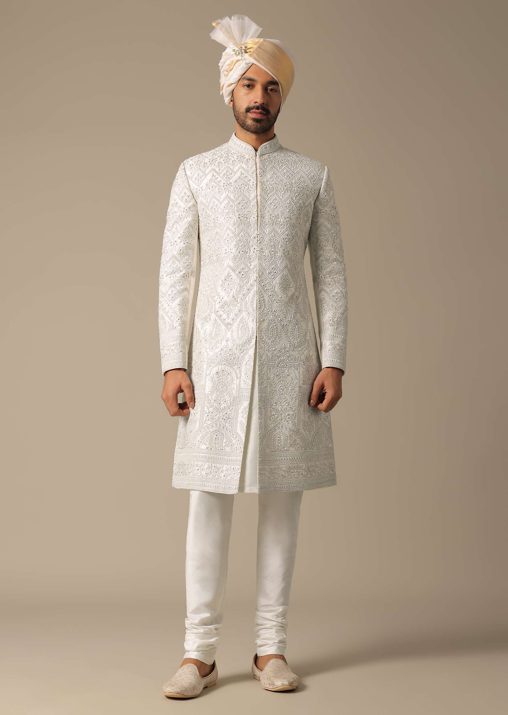 Opulent White Silk Sherwani Set - Image 3