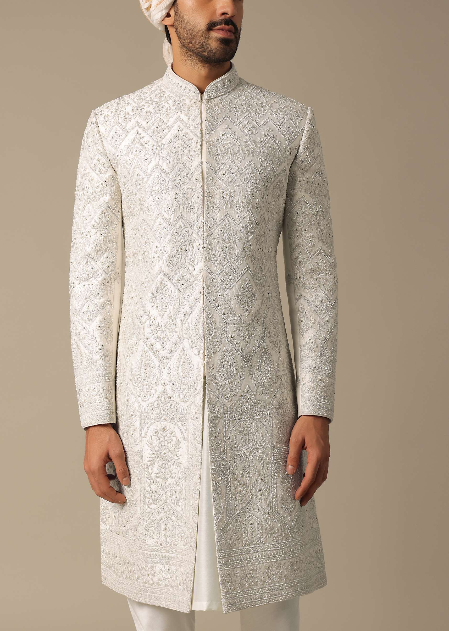 Opulent White Silk Sherwani Set - Image 4