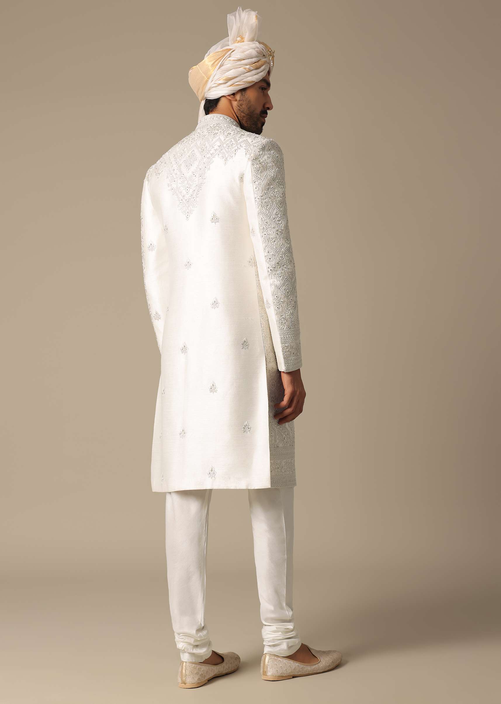 Opulent White Silk Sherwani Set - Image 7