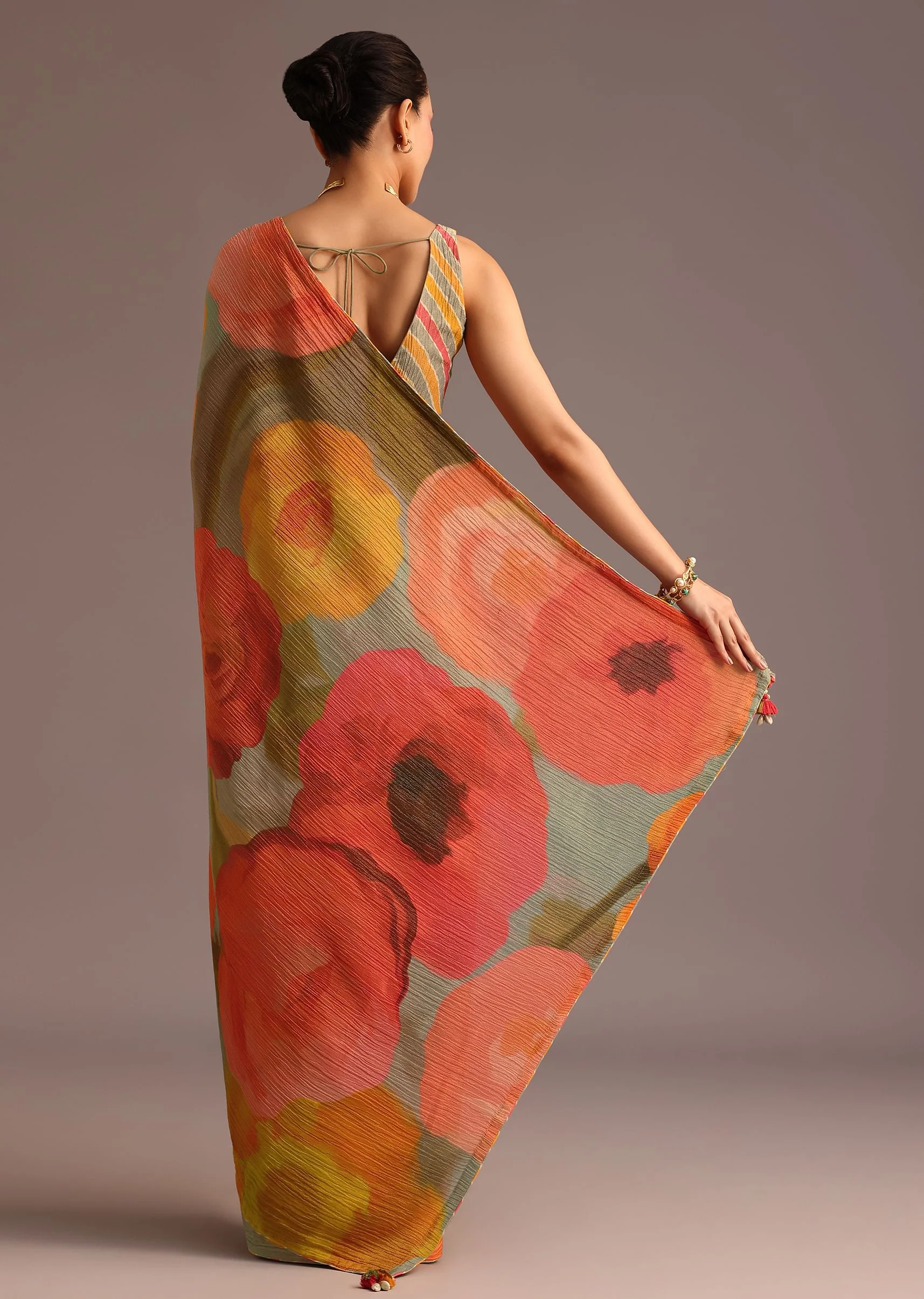 Orange Abstract Printed Crush Ready To Wear Saree - Image 5
