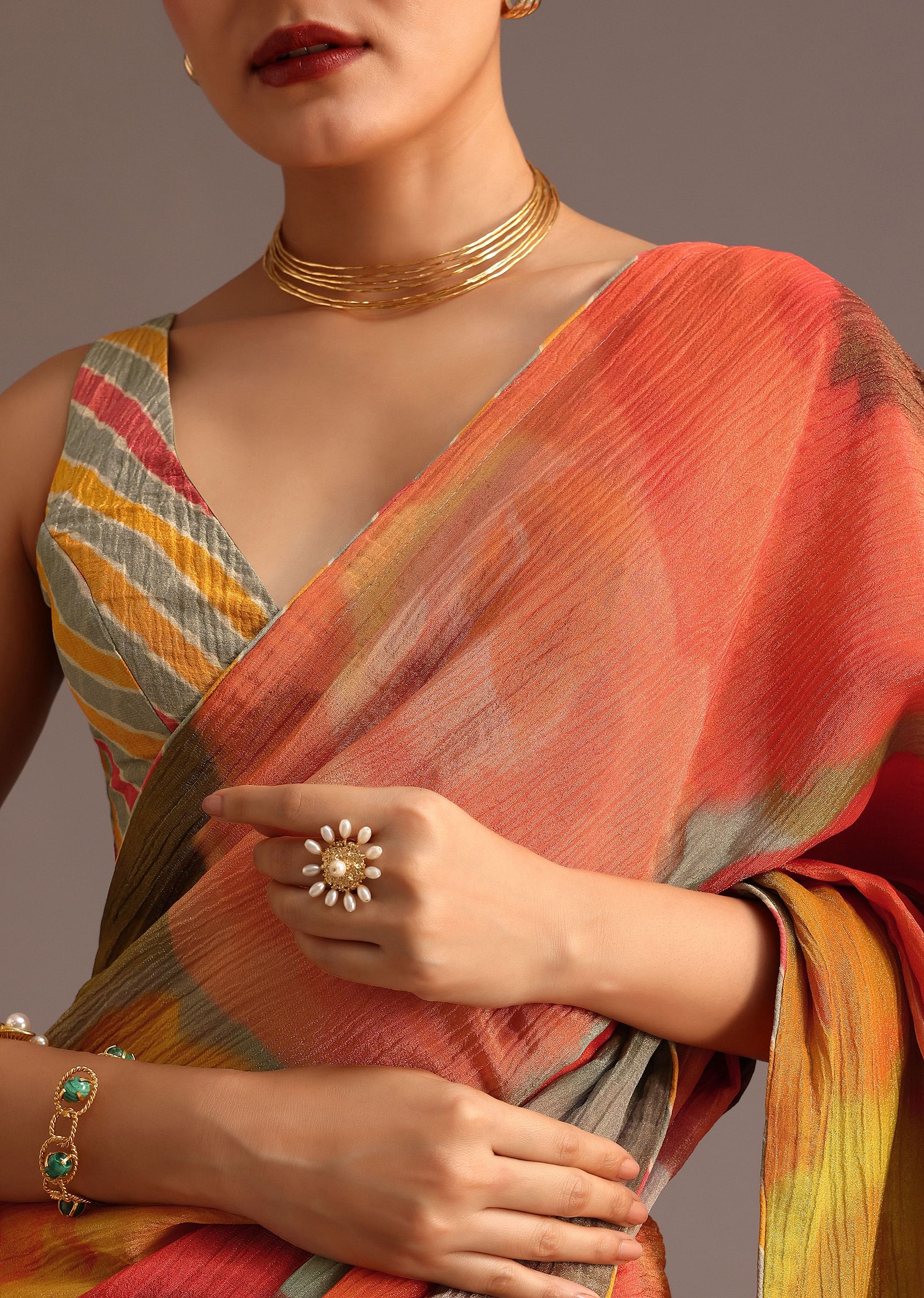 Orange Abstract Printed Crush Saree - Image 2