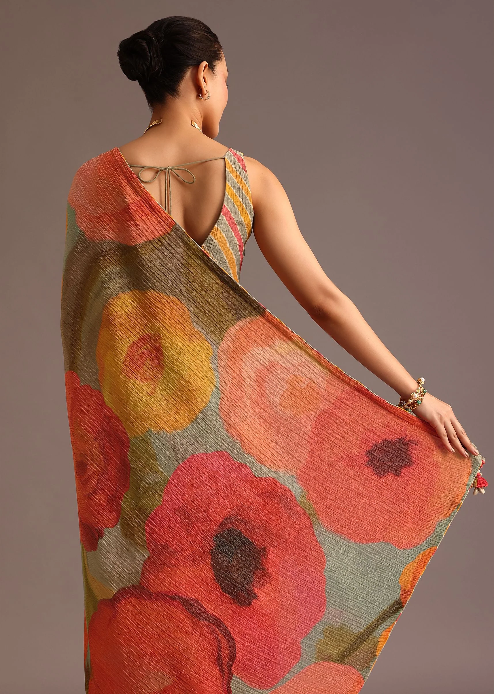 Orange Abstract Printed Crush Saree - Image 6