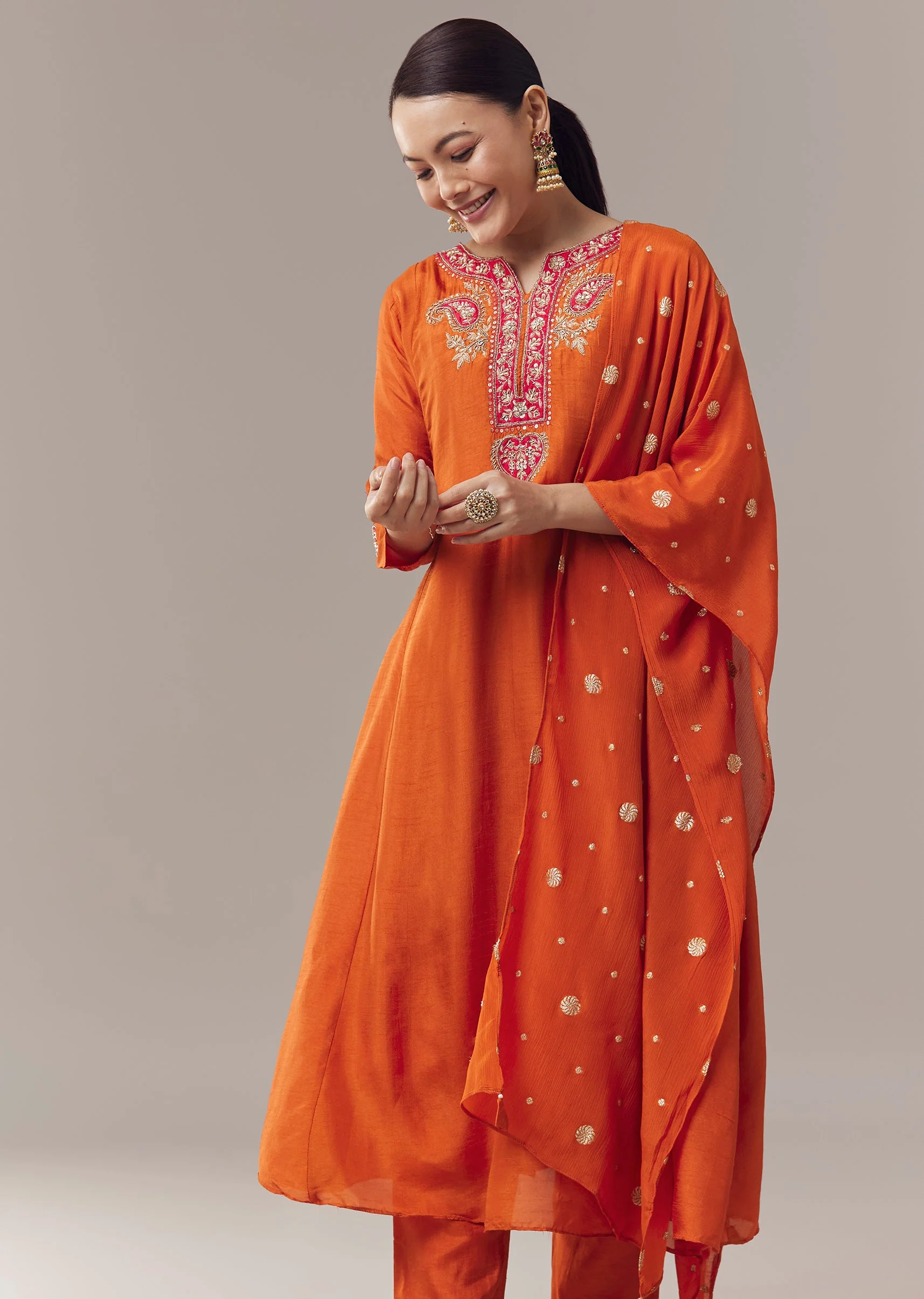 Orange Anarkali With Zardosi And Sequins Work And Dupatta - Image 4