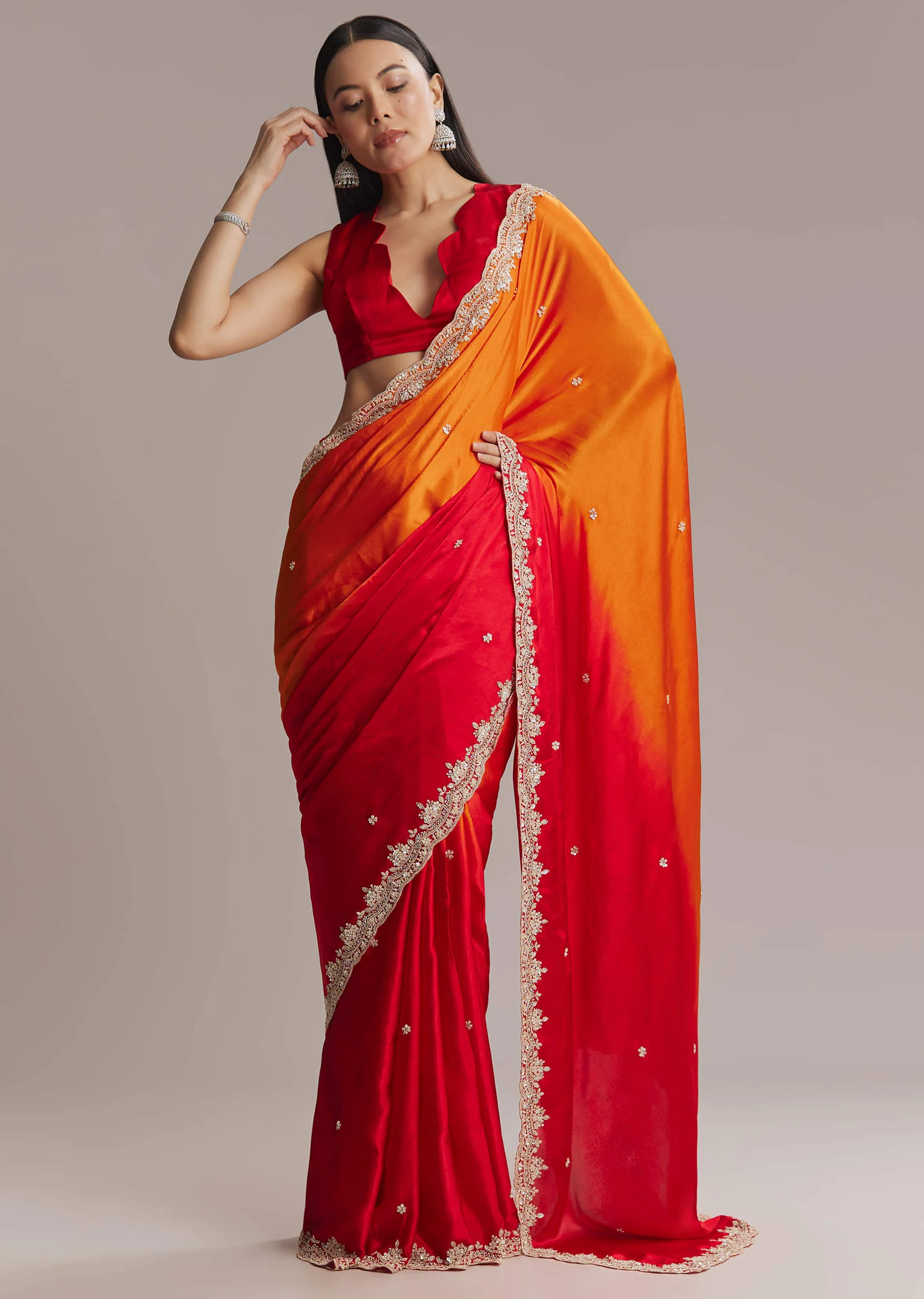 Orange And Red Chinon Saree With Sequin And Bead Embroidery - Image 10