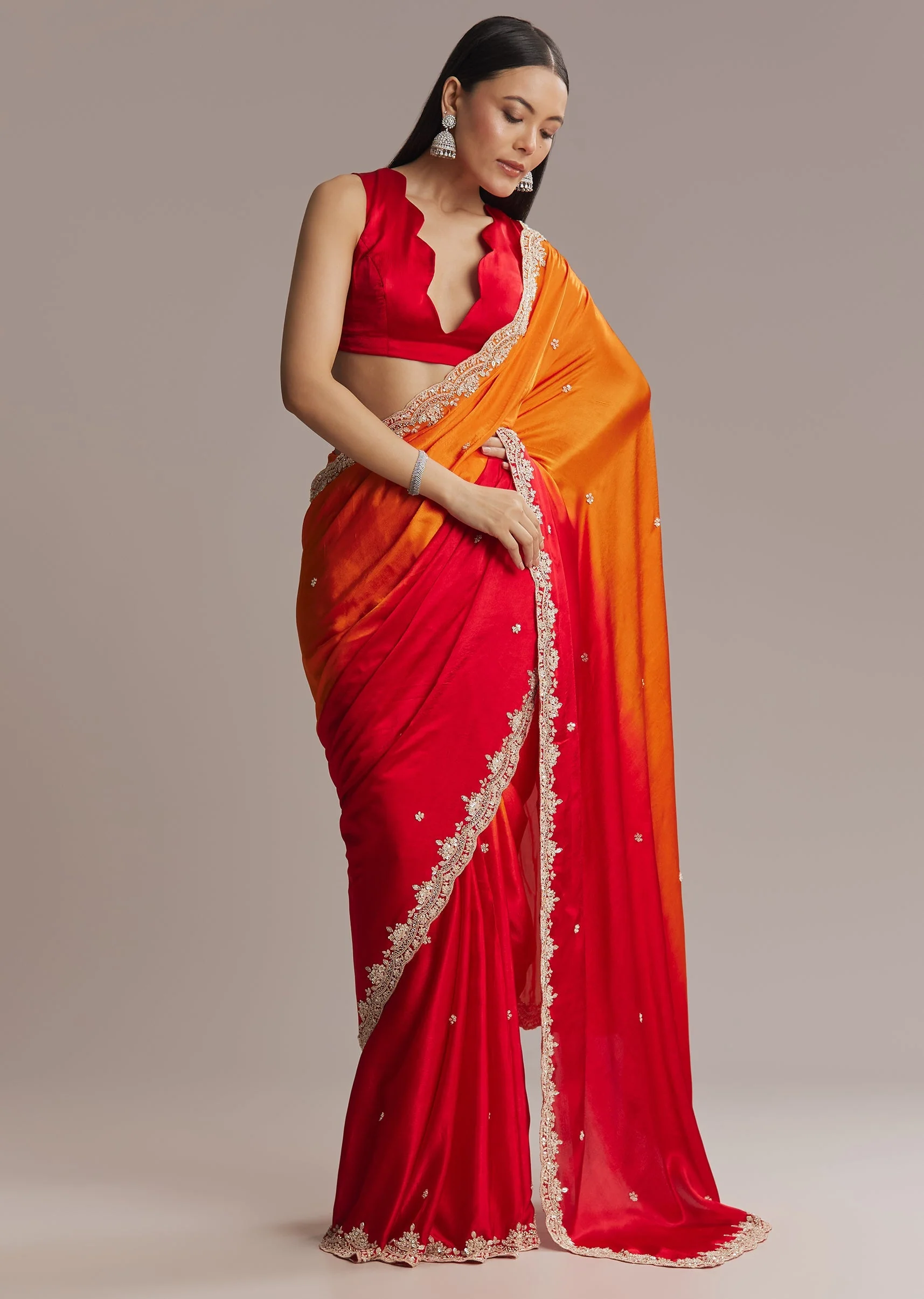 Orange And Red Chinon Saree With Sequin And Bead Embroidery - Image 3