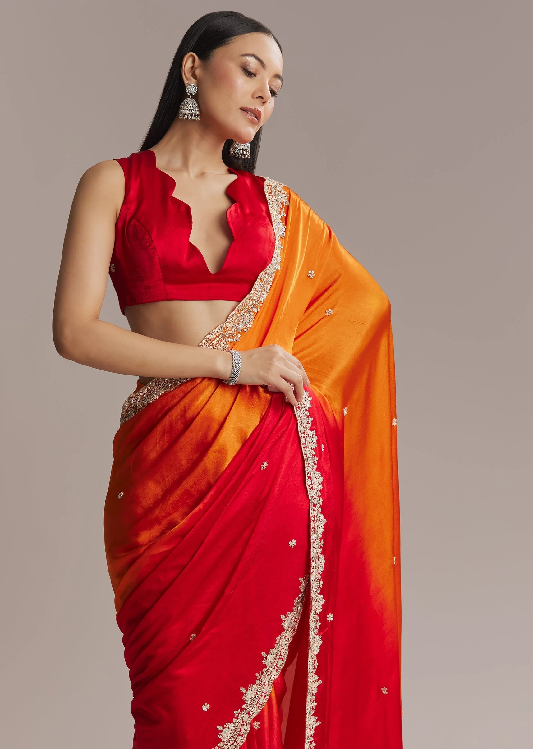 Orange And Red Chinon Saree With Sequin And Bead Embroidery - Image 4