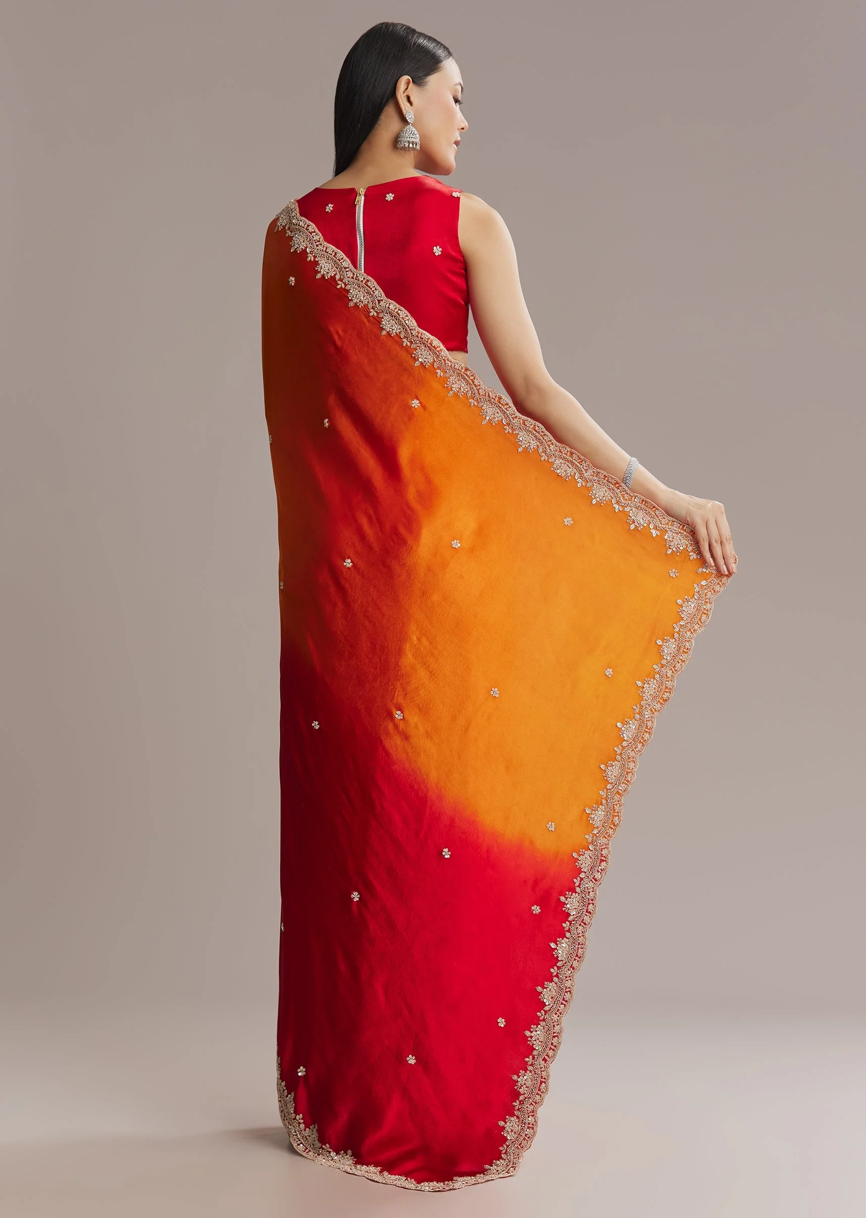 Orange And Red Chinon Saree With Sequin And Bead Embroidery - Image 5