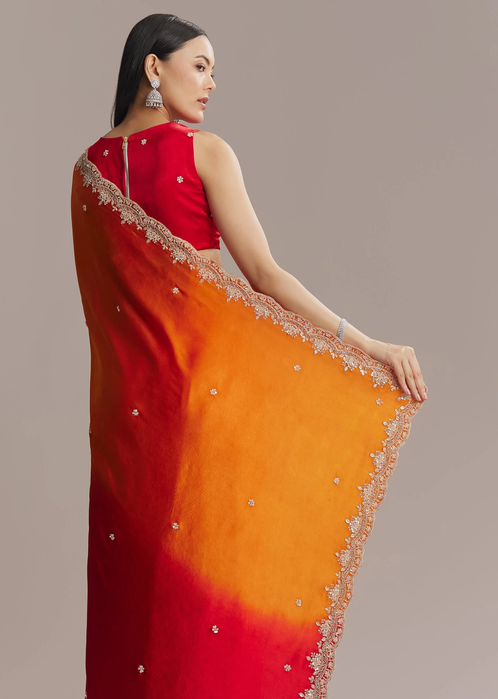 Orange And Red Chinon Saree With Sequin And Bead Embroidery - Image 6