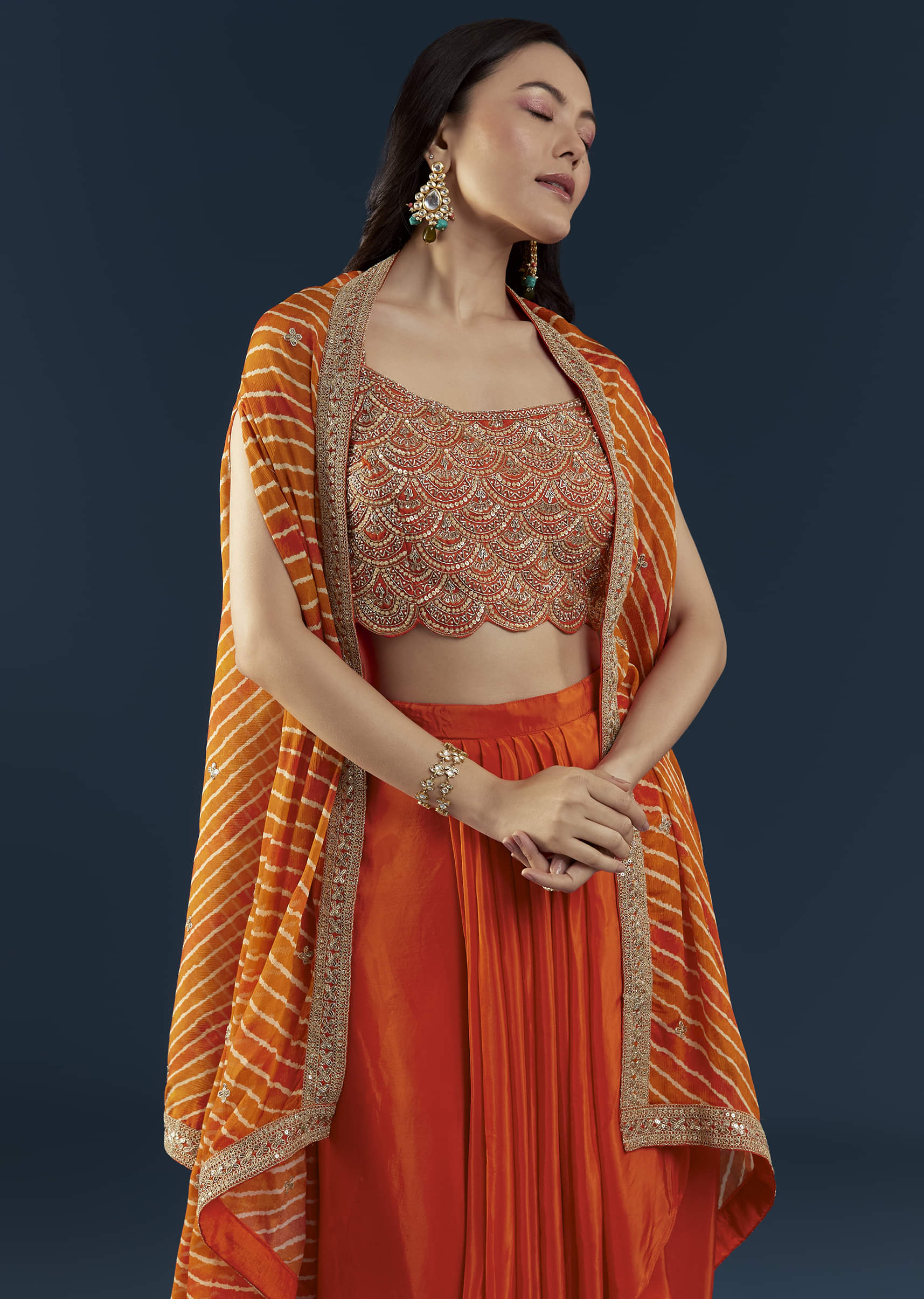 Orange Asymmetric Crop Top Skirt Set with Leheriya Cape - Image 4