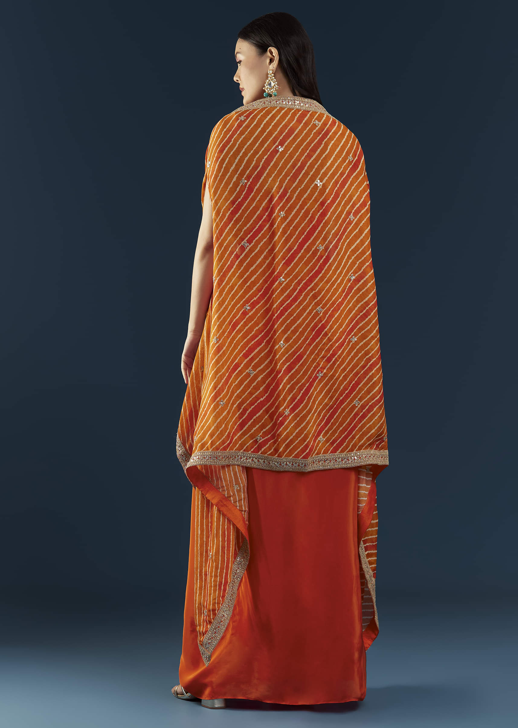 Orange Asymmetric Crop Top Skirt Set with Leheriya Cape - Image 5