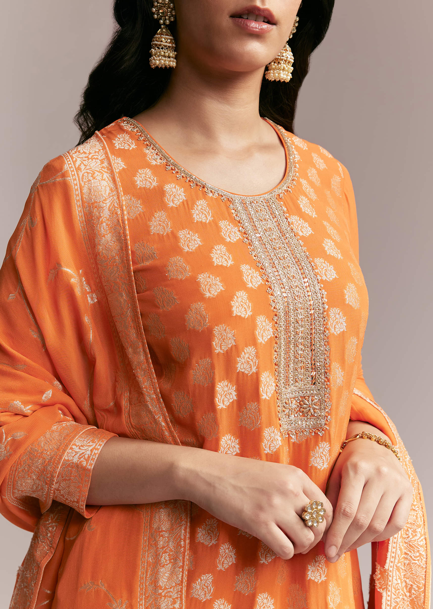 Orange Banarasi Georgette Kurta Set - Image 2
