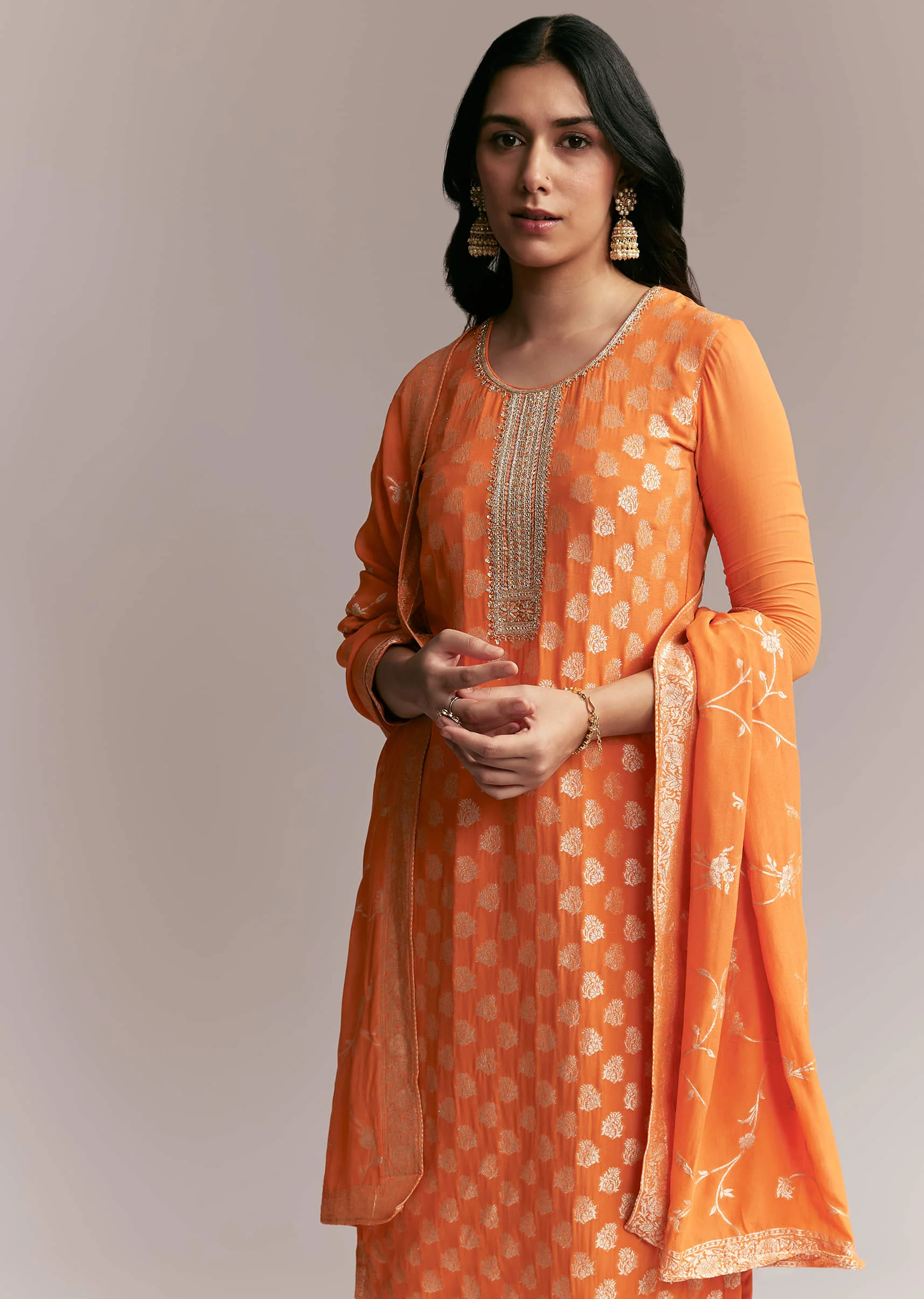 Orange Banarasi Georgette Kurta Set - Image 5