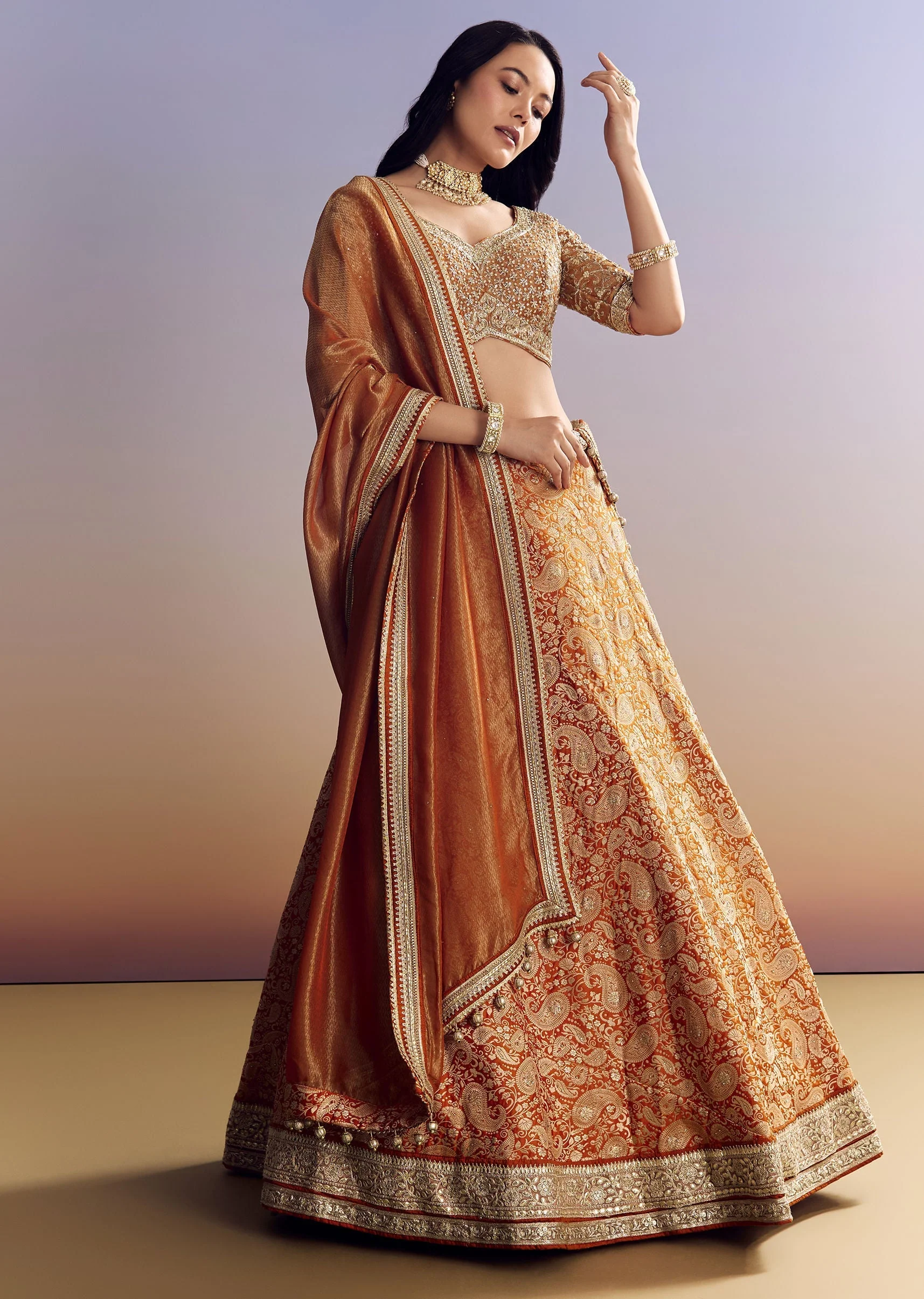 Orange Banarasi Lehenga With Embroidered Choli And Dupatta - Image 2