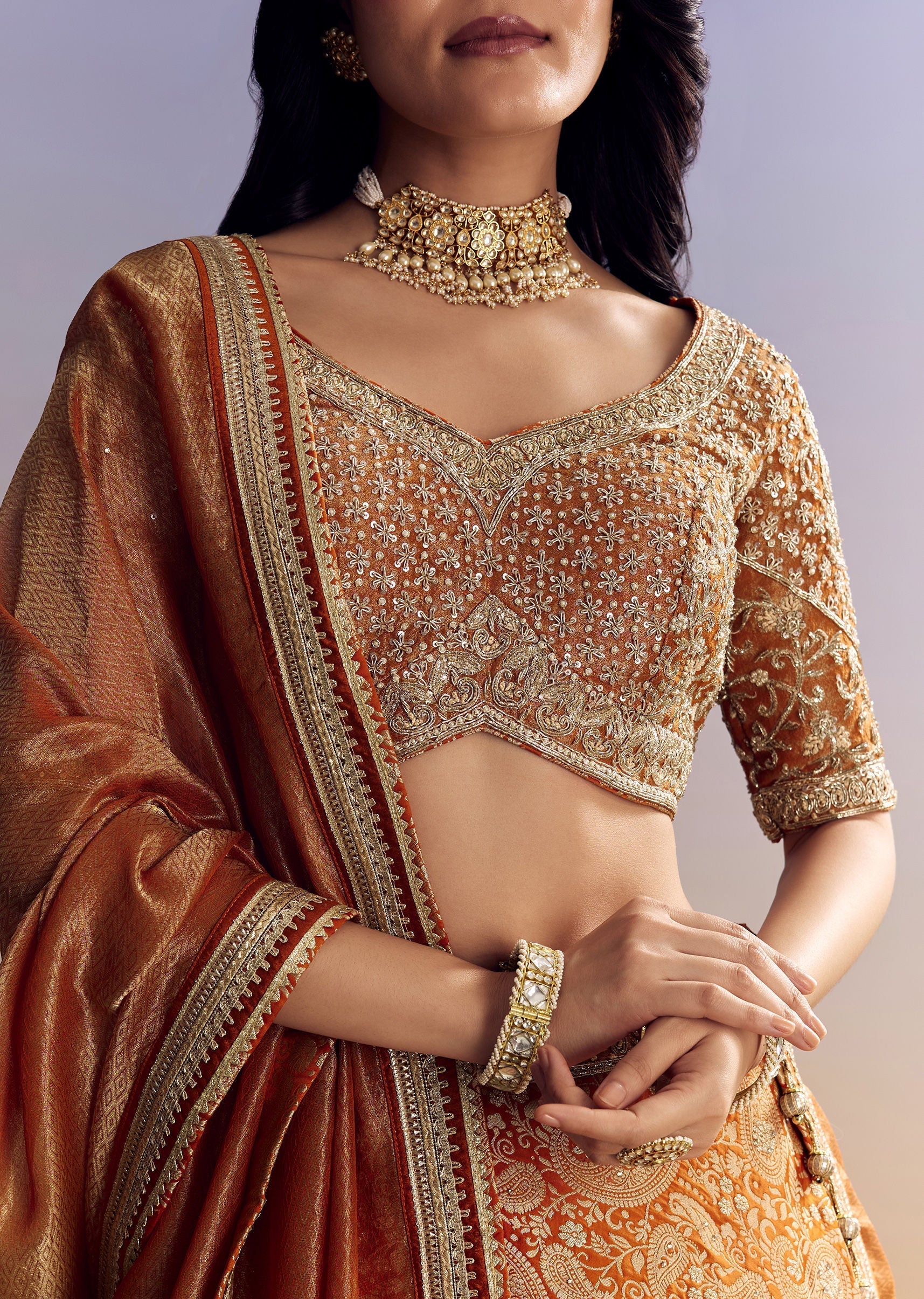 Orange Banarasi Lehenga With Embroidered Choli And Dupatta - Image 3