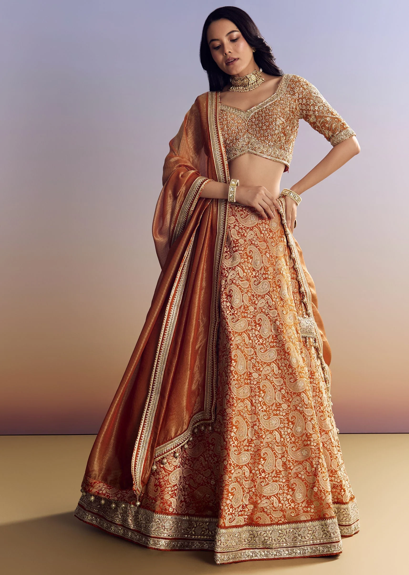 Orange Banarasi Lehenga With Embroidered Choli And Dupatta - Image 4