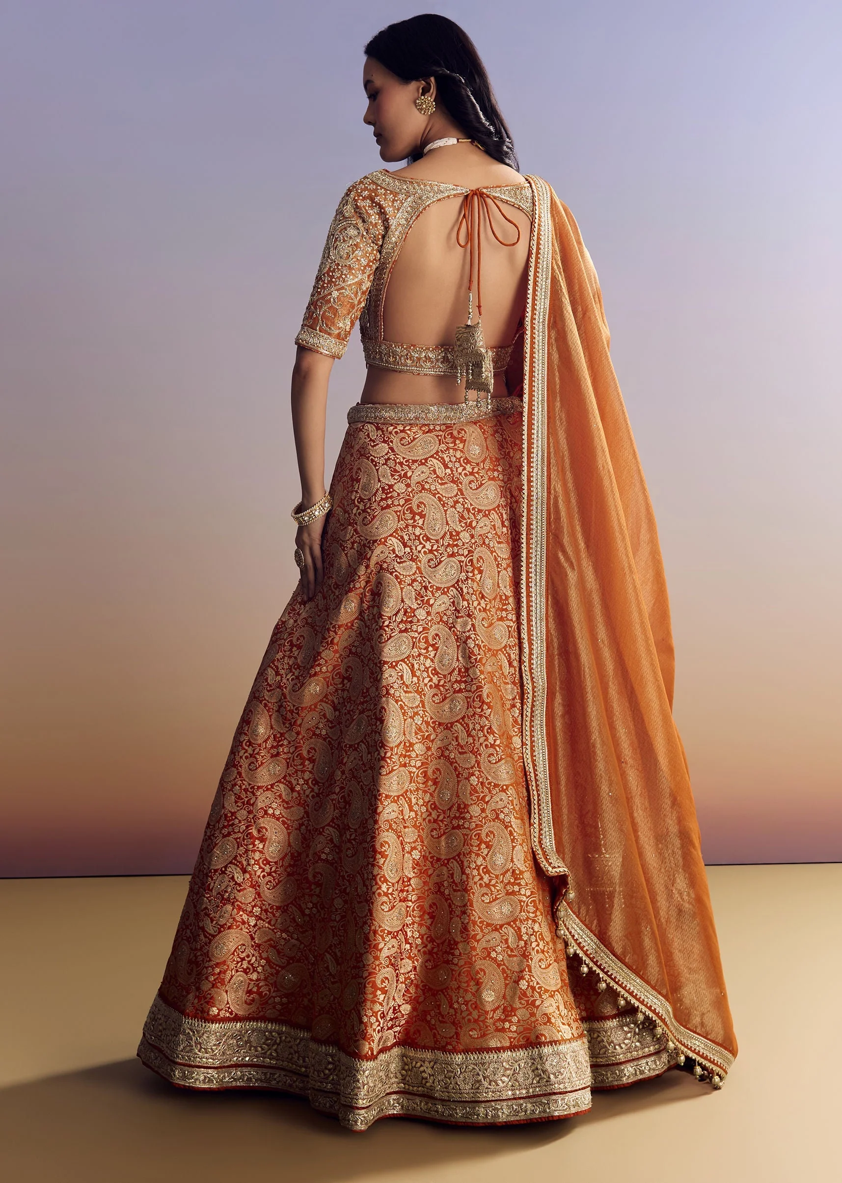 Orange Banarasi Lehenga With Embroidered Choli And Dupatta - Image 5