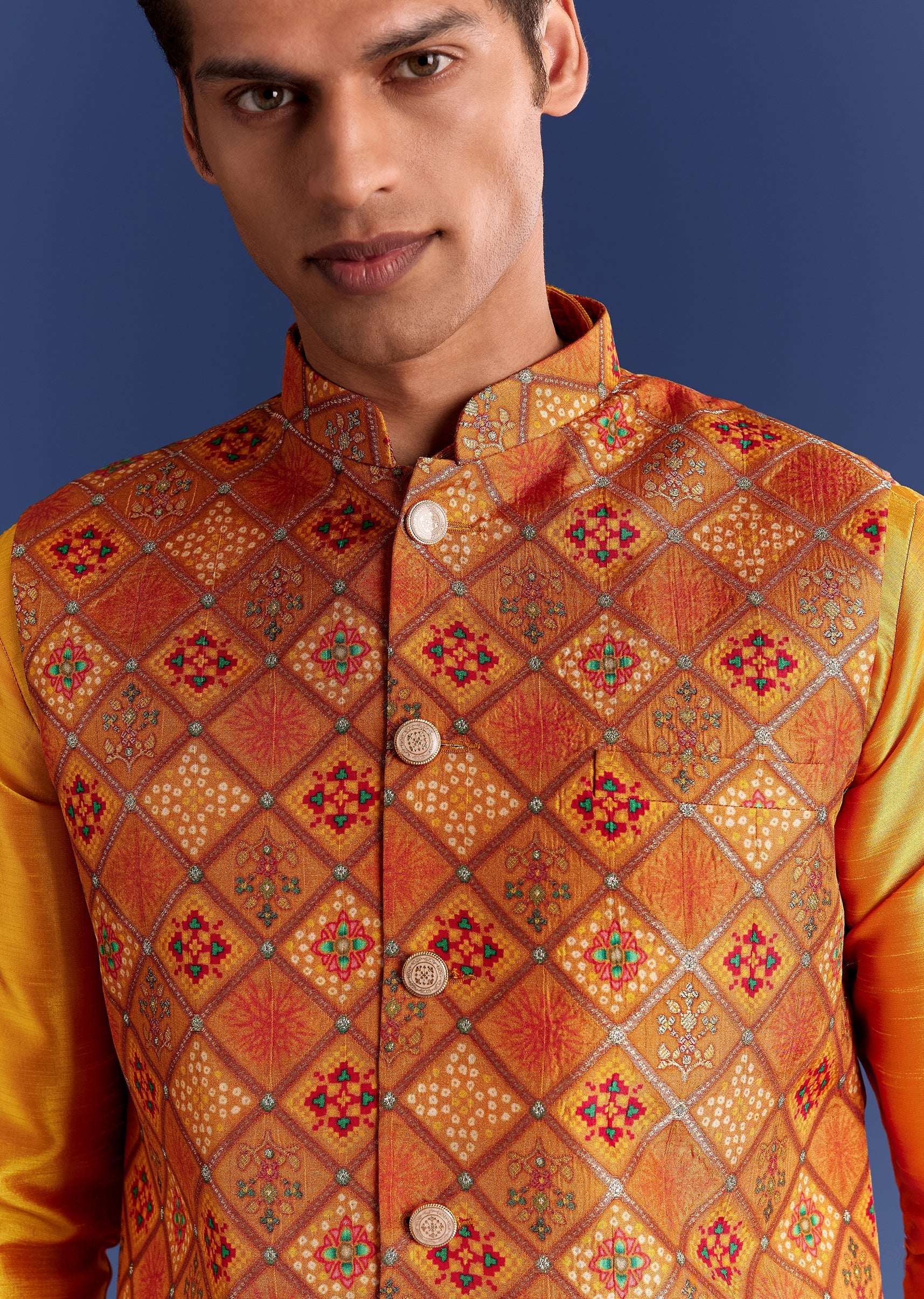 Orange Brocade Kurta Jacket Set With Geometric Print - Image 2