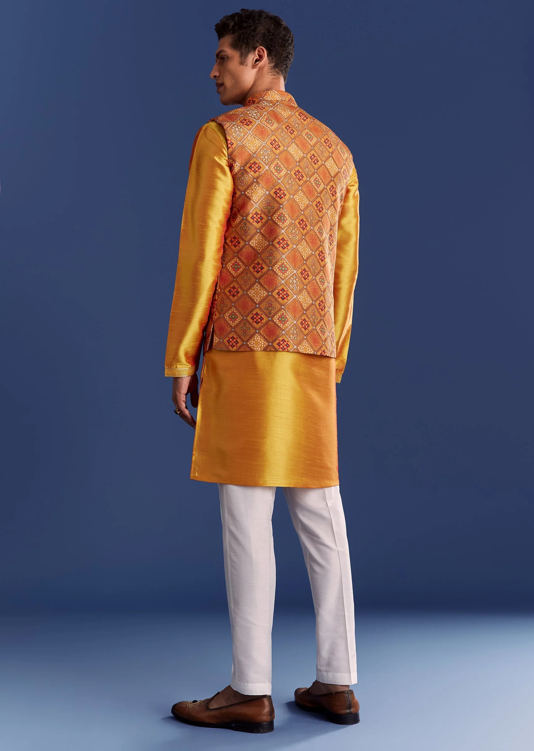 Orange Brocade Kurta Jacket Set With Geometric Print - Image 5