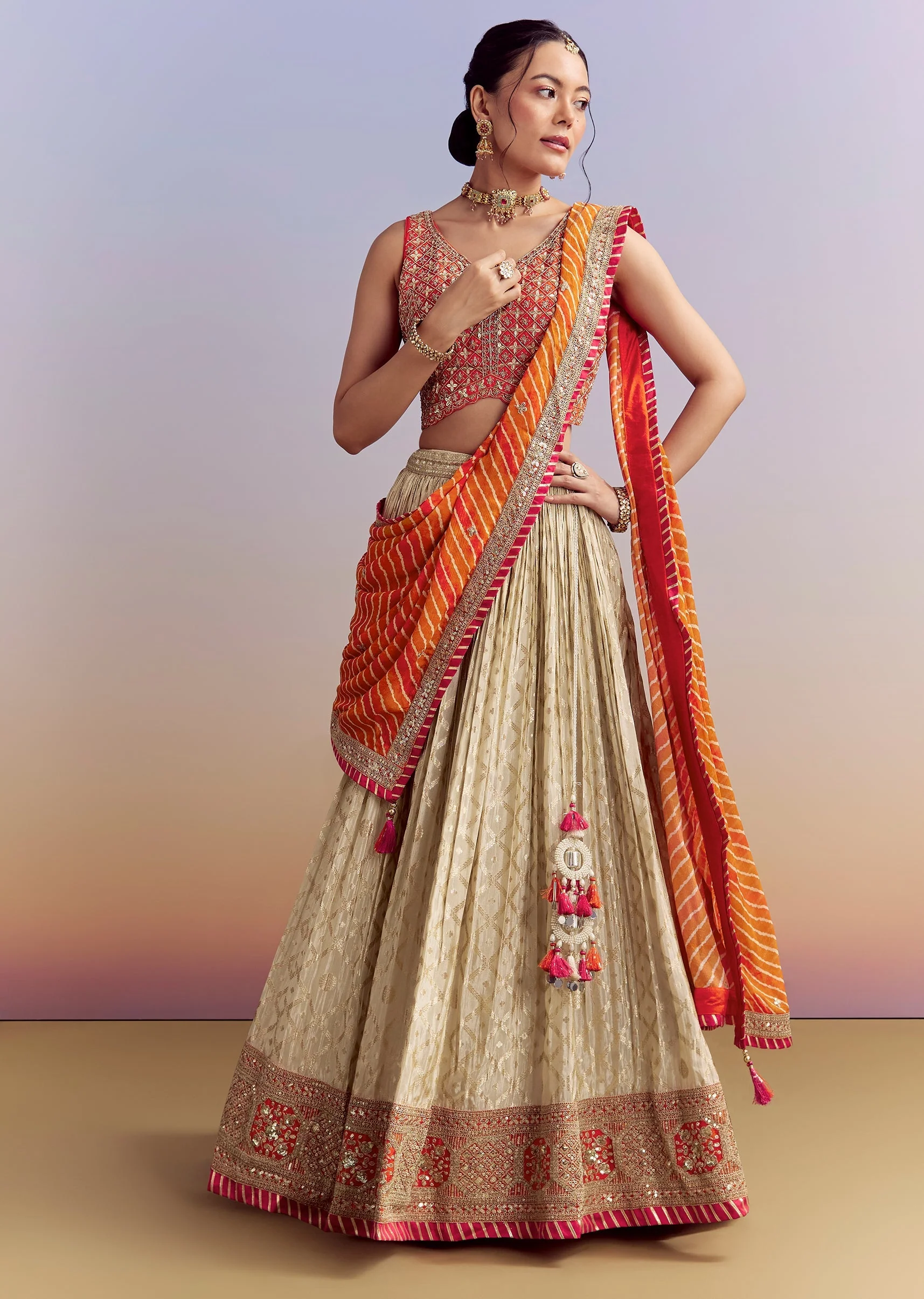 Orange Brocade Silk Bridesmaid Lehenga With Leheriya Dupatta